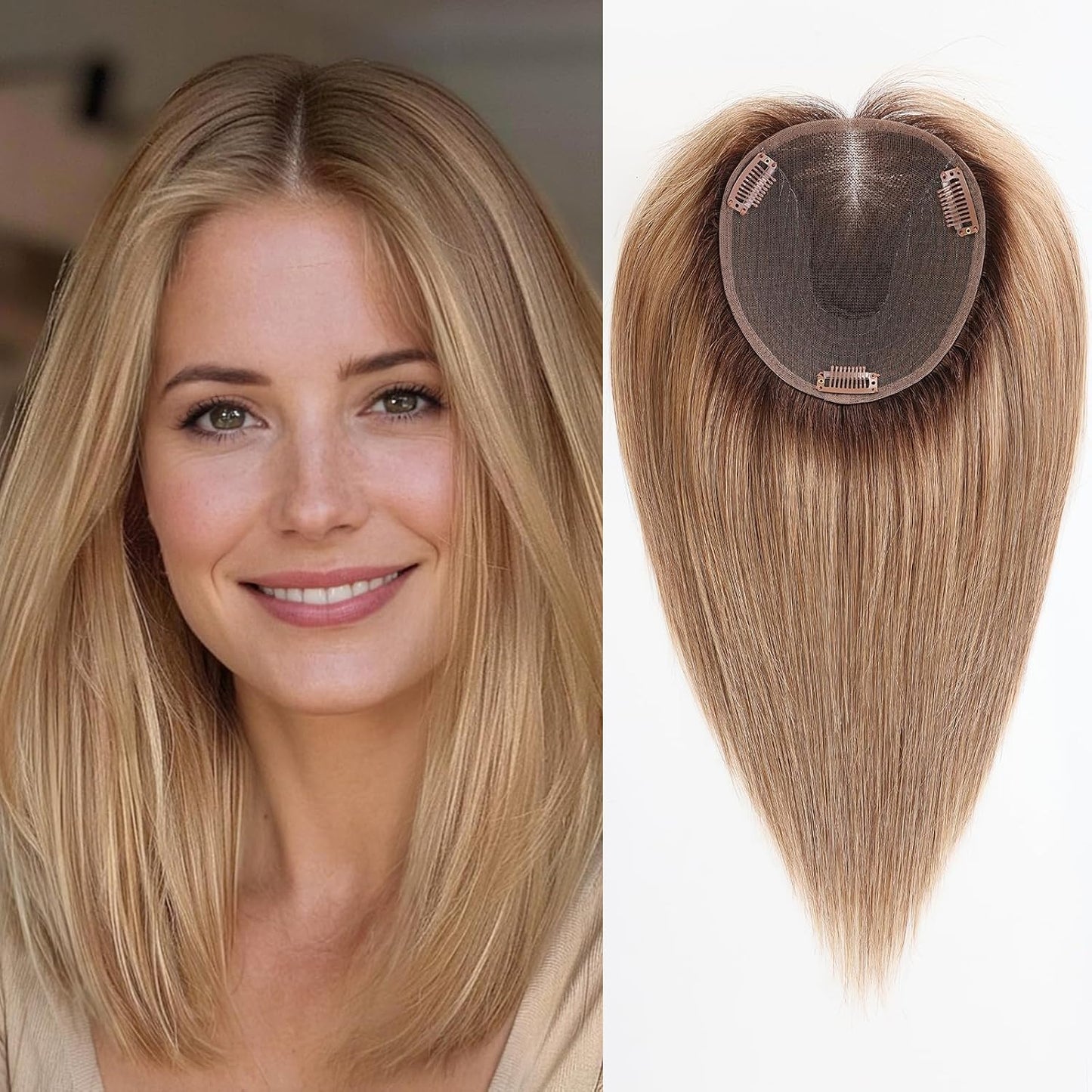 Real Human Hair Toppers for Women - 14 Inch Silk Base, Mixed Brown with Bangs | 60g
