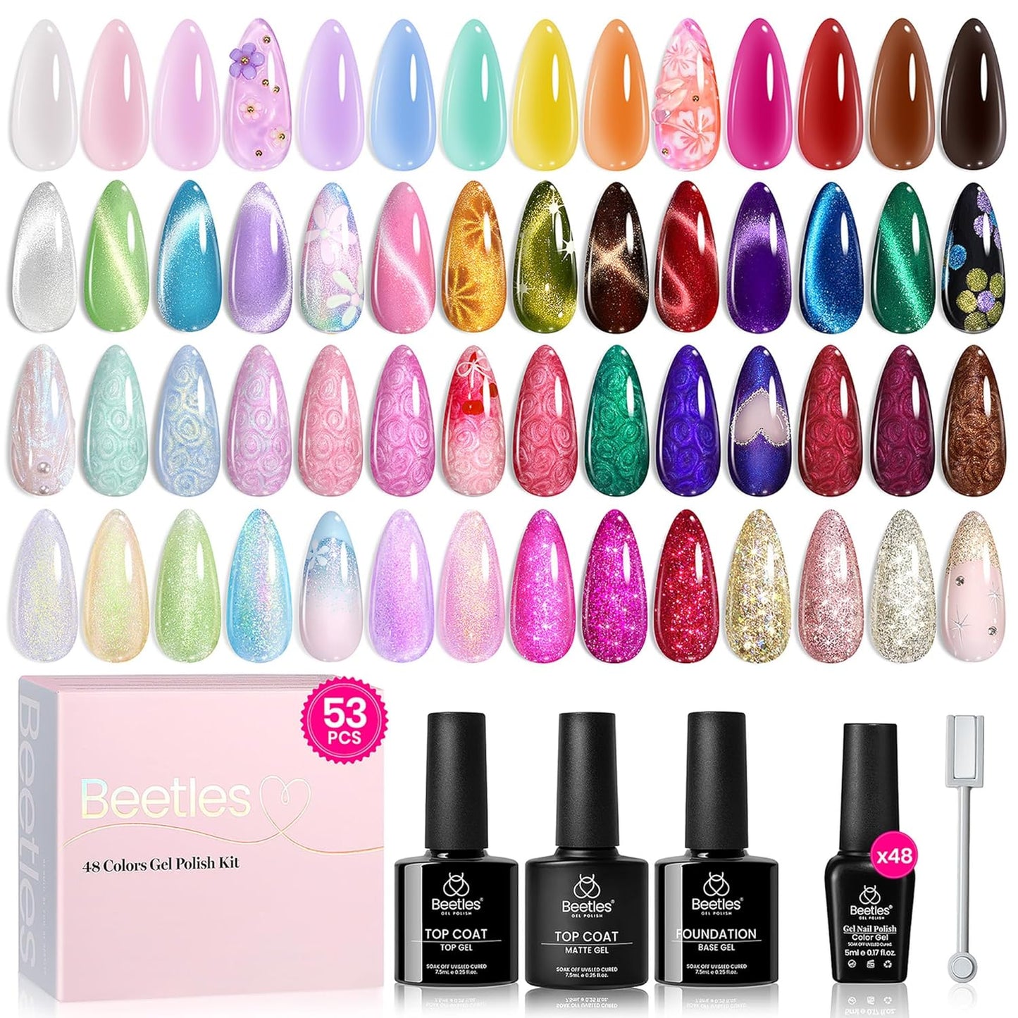 Beetles Gel Nail Polish Set - 32 Vibrant Colors | UV LED Soak Off Nail Kit with Base & Top Coat