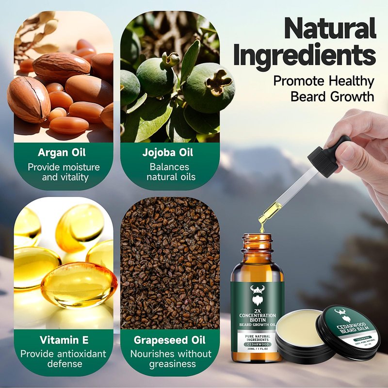 Beard Growth Kit - 2X Concentration Biotin for Men, Natural Argan, Jojoba Oils and Vitamins (Cedarwood)
