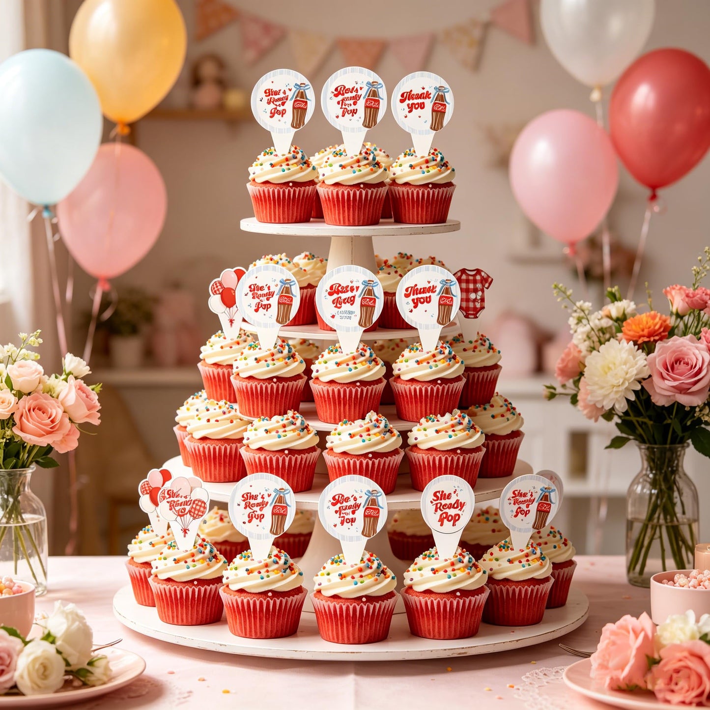 24PCS She's Ready to Pop Cupcake Toppers, Baby Shower Decorations Soda Theme, She's About to Pop Party Supplies for Gender Reveal Newborn