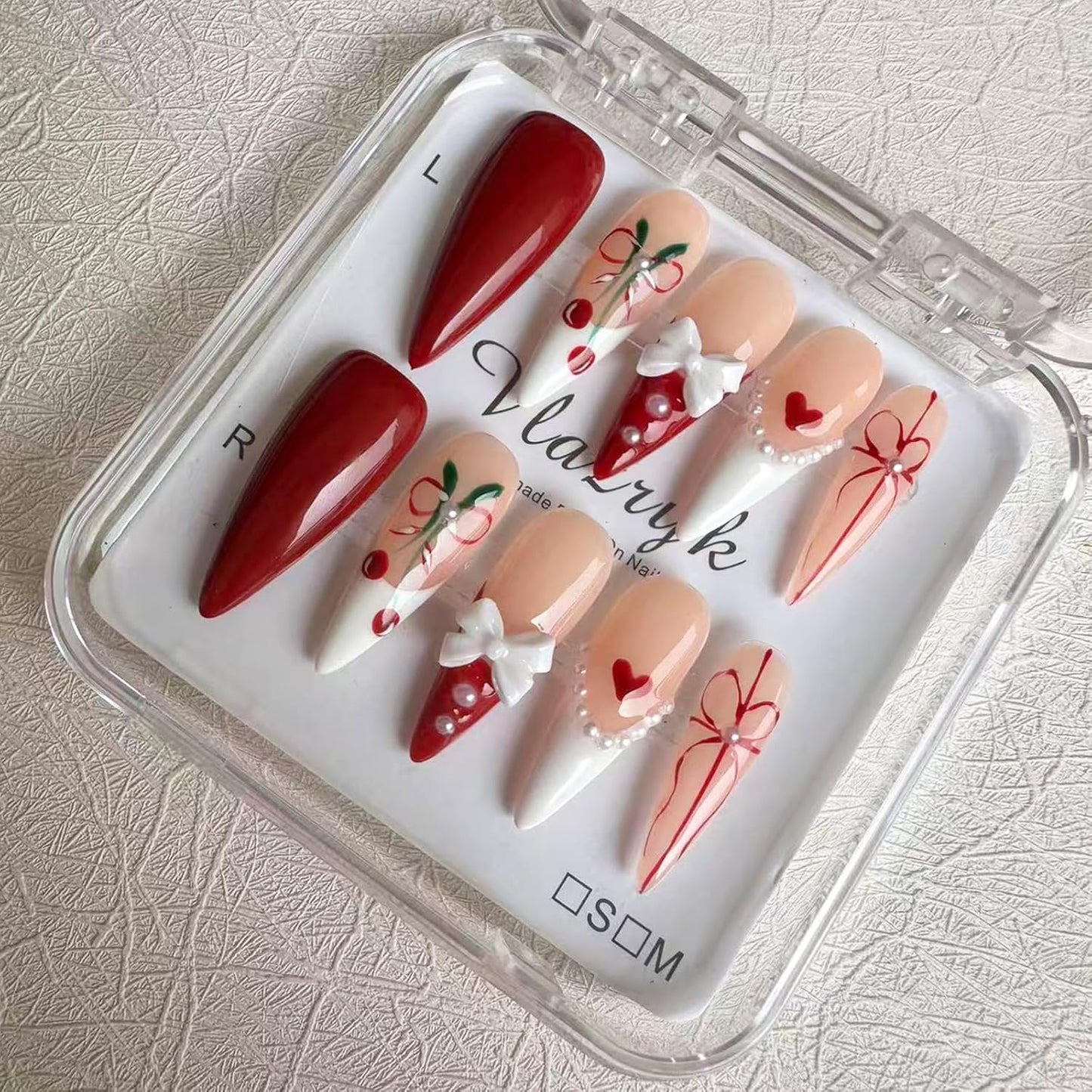 Brown French Tip Press On Nails - 3D Metallic Rhinestones | Medium Almond Reusable Acrylic False Nails (10 PCS)