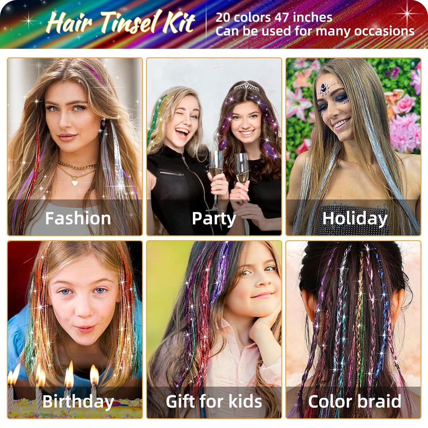 20 Colors Hair Tinsel Kit, 47 Inches 4800 Strands Glitter Tinsel Hair Extensions, Heat Resistant Fairy Hair Tinsel Kit with Tools for Girls Women Christmas New Year Halloween Cosplay Party