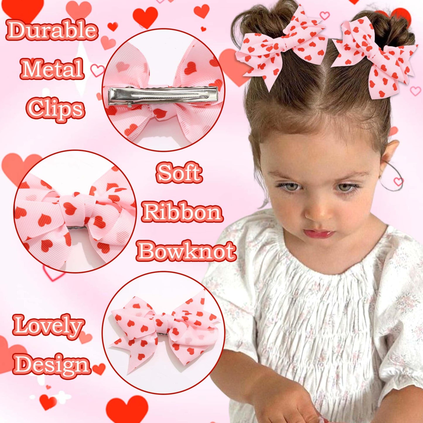 STGDAK Hair Bow Clips Love Heart Bow For Girls Pink Bows Red Print Cute Bowknot Barrettes Easter Hairpins 4 Inch Hair Accessories For Women Decor Party DEaster Basket Stuffers for Girls Gifts