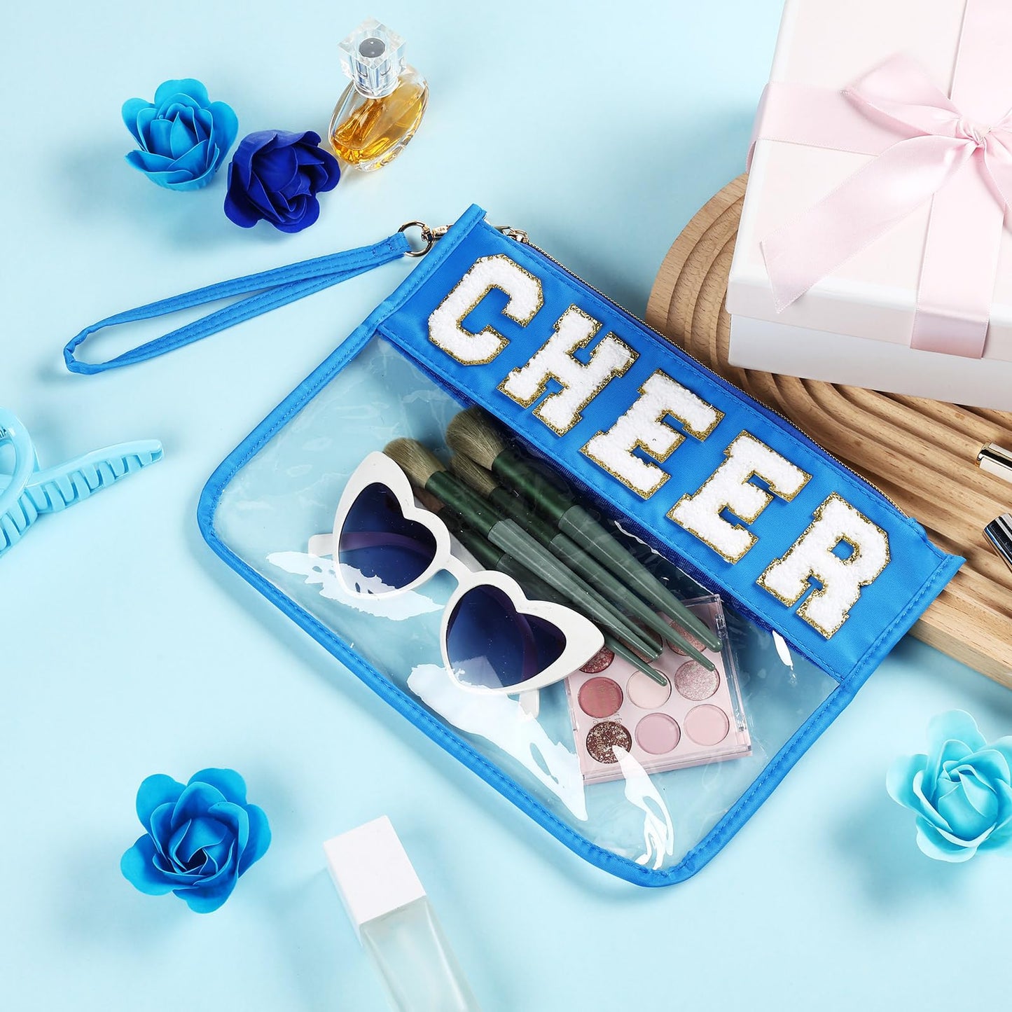Kacctyen 6 Pcs Cheer Bags Chenille Letter Clear Dark Blue Makeup Bag with Zipper Waterproof Cosmetic Toiletry Pouch with Handle Gym Travel Summer Gifts for Women Girls(Dark Blue, Cheer)