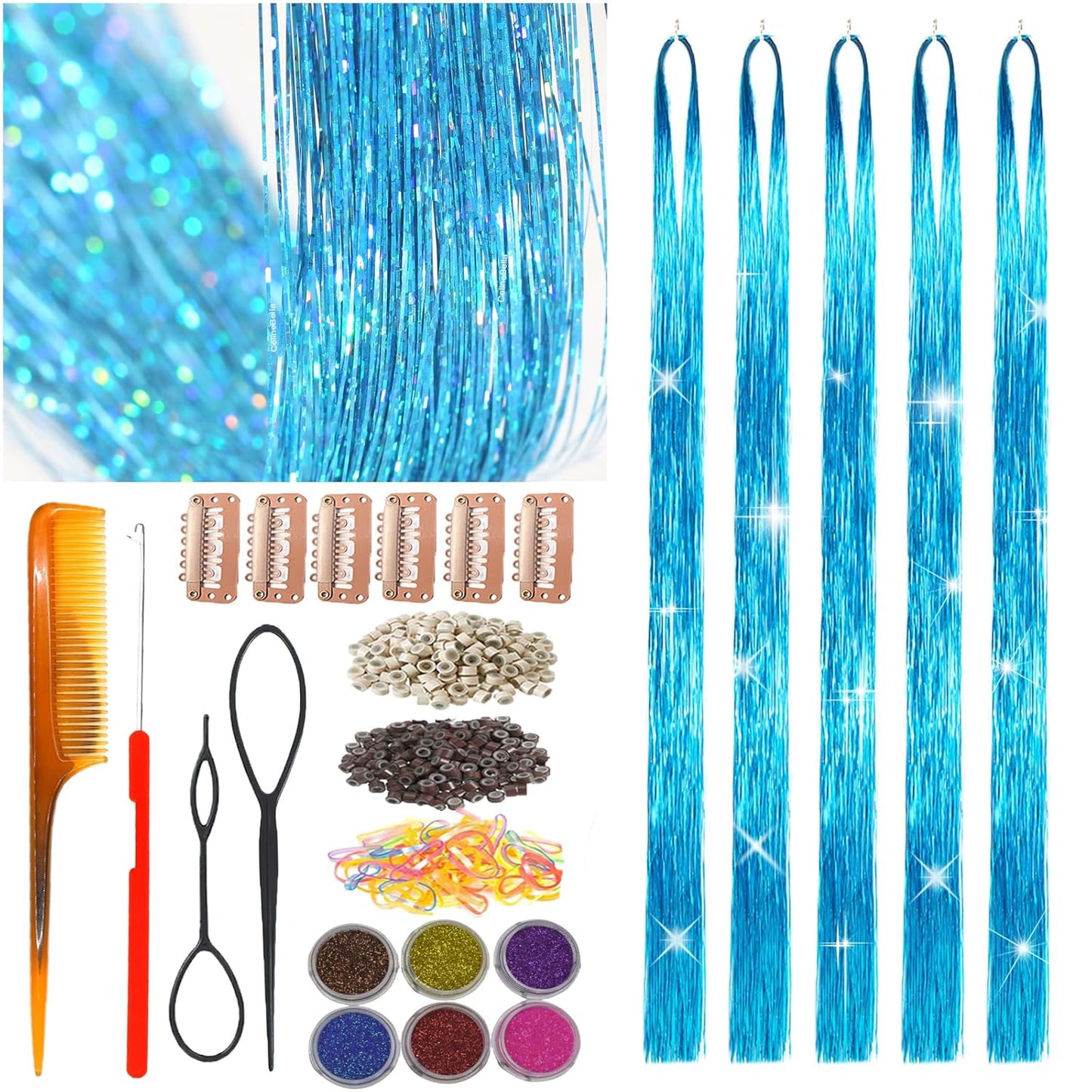 Gold Turquoise Hair Tinsel - Ice Crystal Effect, 48 Inch, 1250 Strands | Heat Resistant Sparkling Glitter for Women Party Cosplay