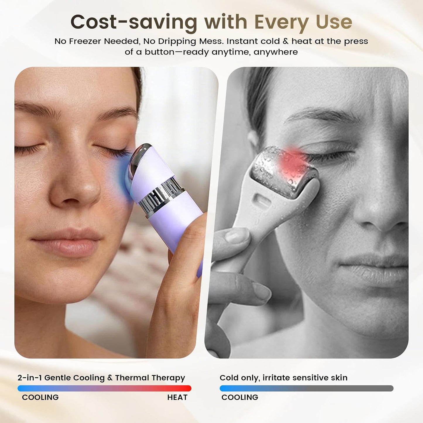 Depuffing Wand - 2-in-1 Cold & Heat Therapy for Eyes & Face | Reduce Puffiness & Dark Circles, 3 Temperature Levels, Gentle on Skin - Purple