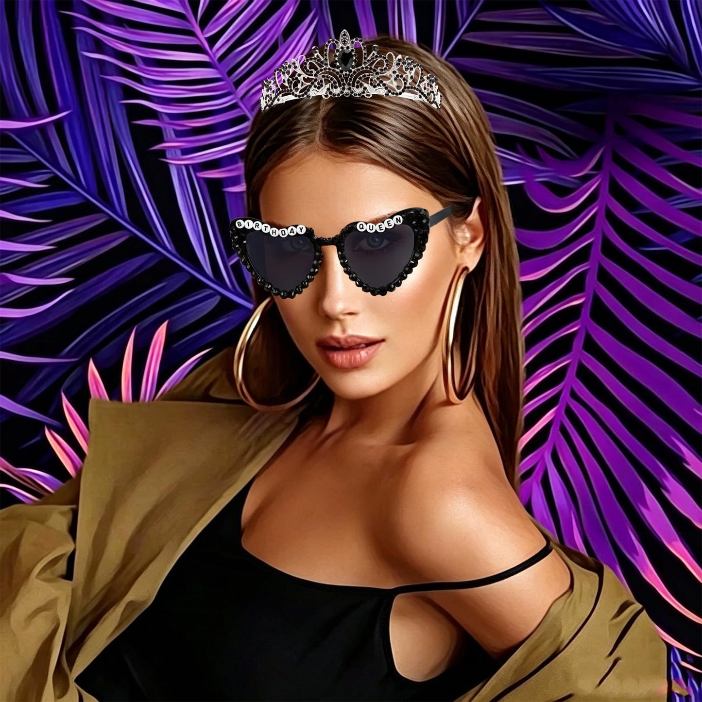 PcwBcn Silver Black Birthday Queen Glasses, Birthday Queen Sash Tiara Crown for Women Girls, 3 Pcs HappyBirth Party Decorations Princess Headband 30th-90th Birth Gifts Hair Accessories