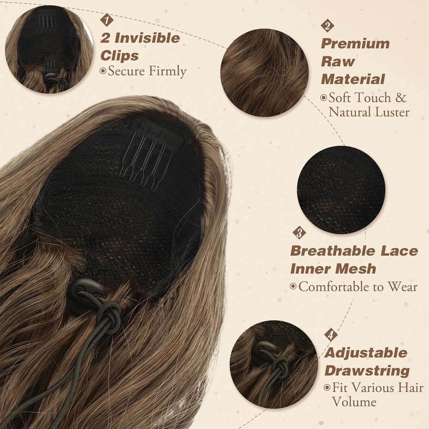 Short Wavy Drawstring Ponytail - 16 Inch Synthetic Clip-In Hair Extensions | Ash Brown Mix