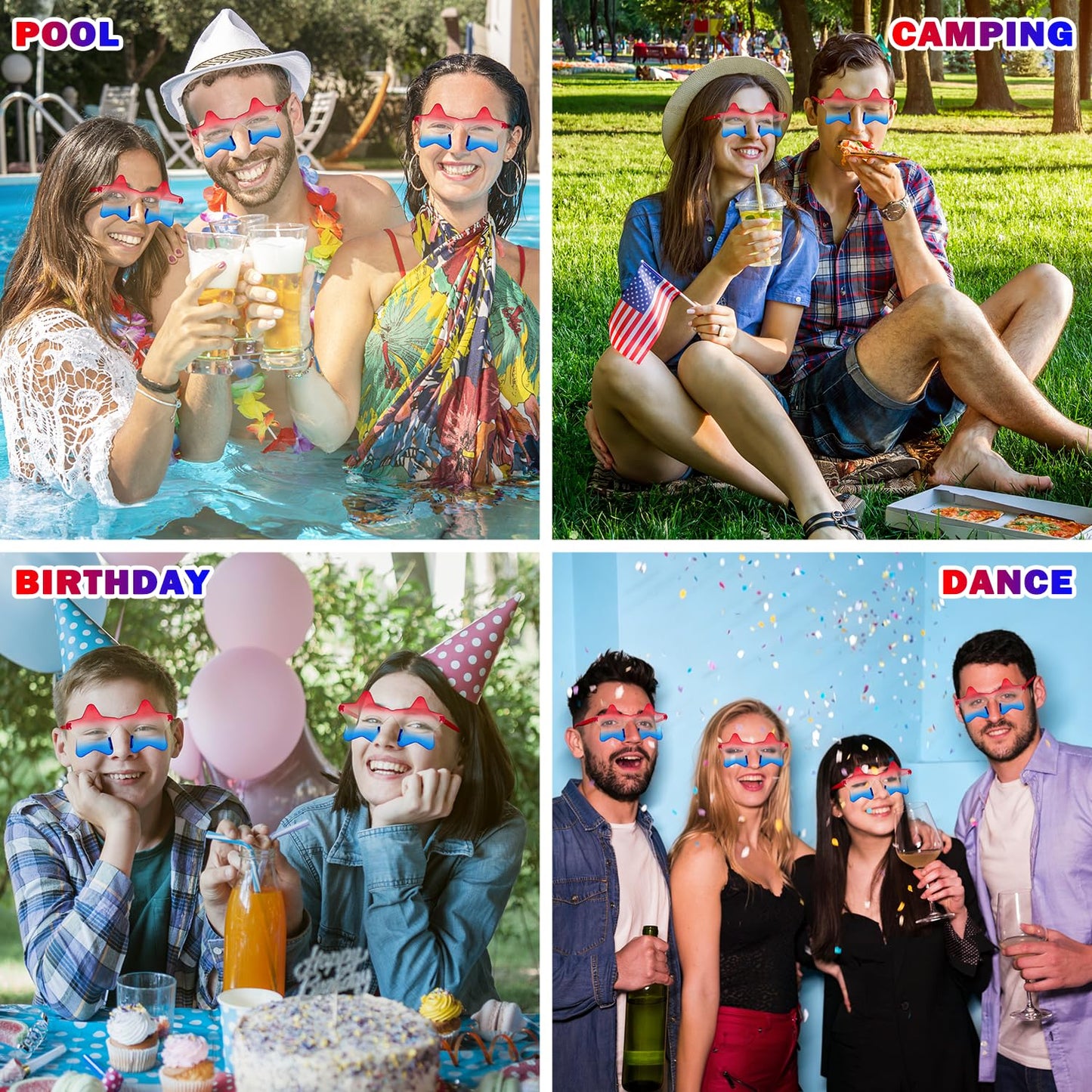 Star Glasses 3 PCS for Women Men, USA Red White Blue Rimless Star Shaped SunGlasses Accessories-One Size Fits All, Patriotic 4th of July Party Outfit for Beach Pool Birthday Party Favors Gifts