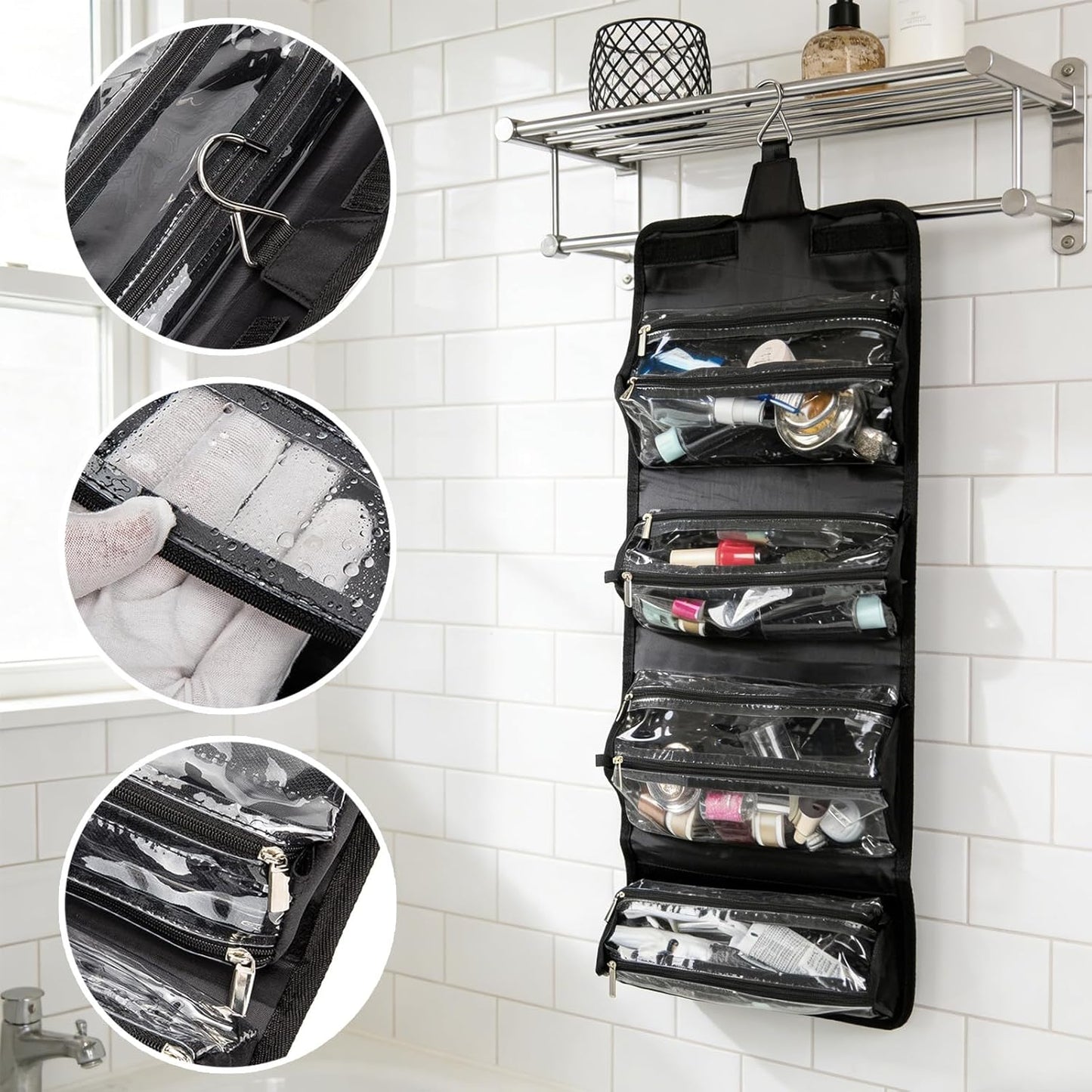 Roll Up Makeup Bag - Travel Toiletry Organizer with 4 Clear TSA Approved Pouches | Hanging Cosmetic Bag for Men & Women