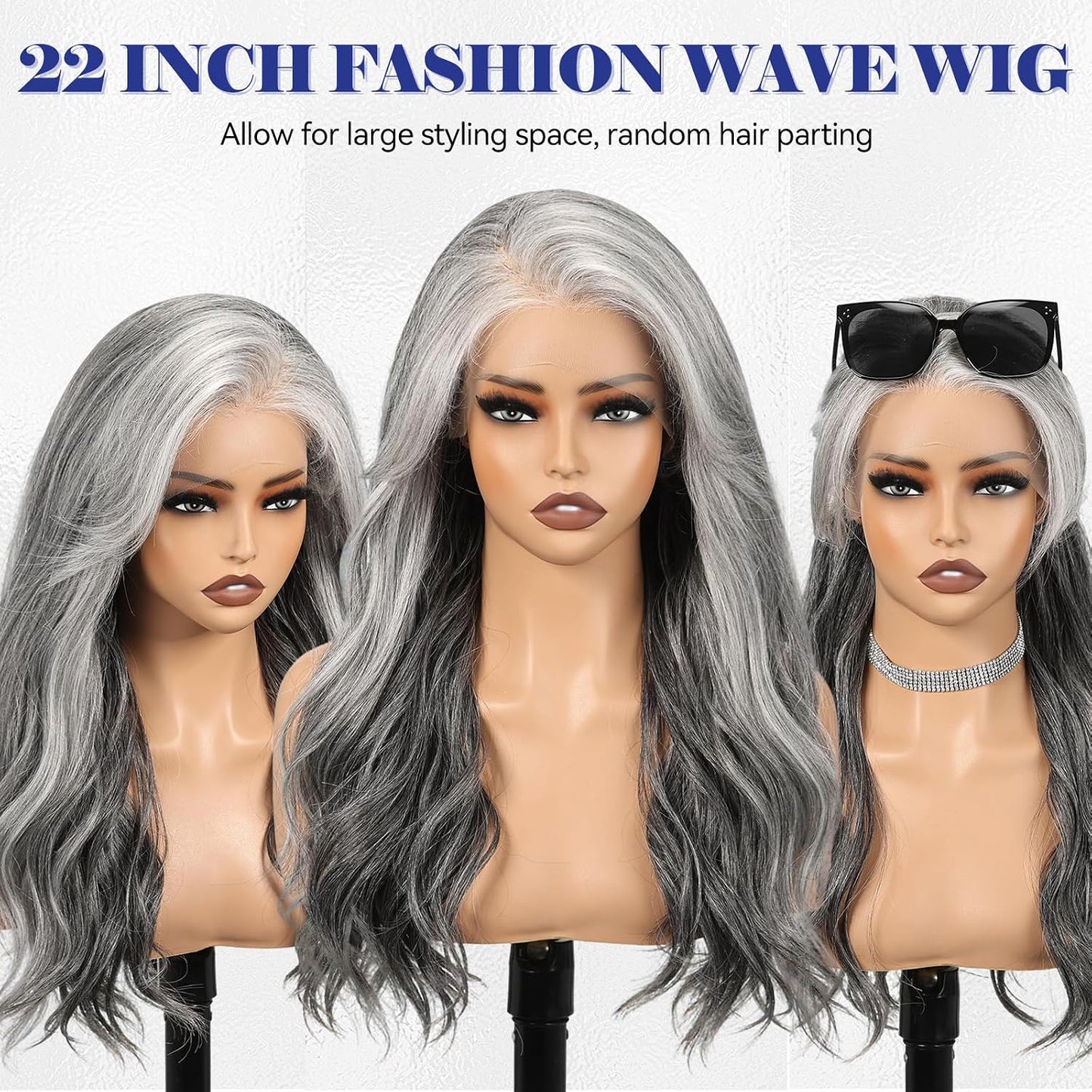 HD Lace Front Wig - 22 Inch Gray Long Wave Layered Synthetic Hair | Glueless Daily Wear for Women