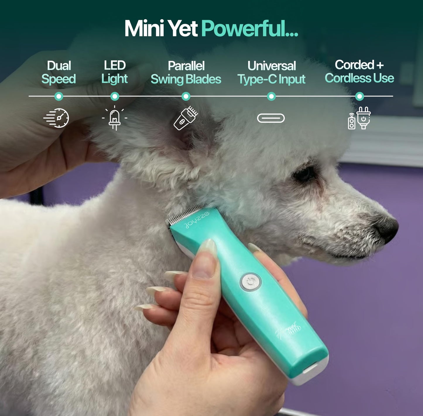 JOYZZE Hornet Mini Trimmer - Compact and Portable Pet Trimming Clippers for Grooming - Low Noise, Rechargeable Cordless Dog Hair Grooming Clippers - Teal