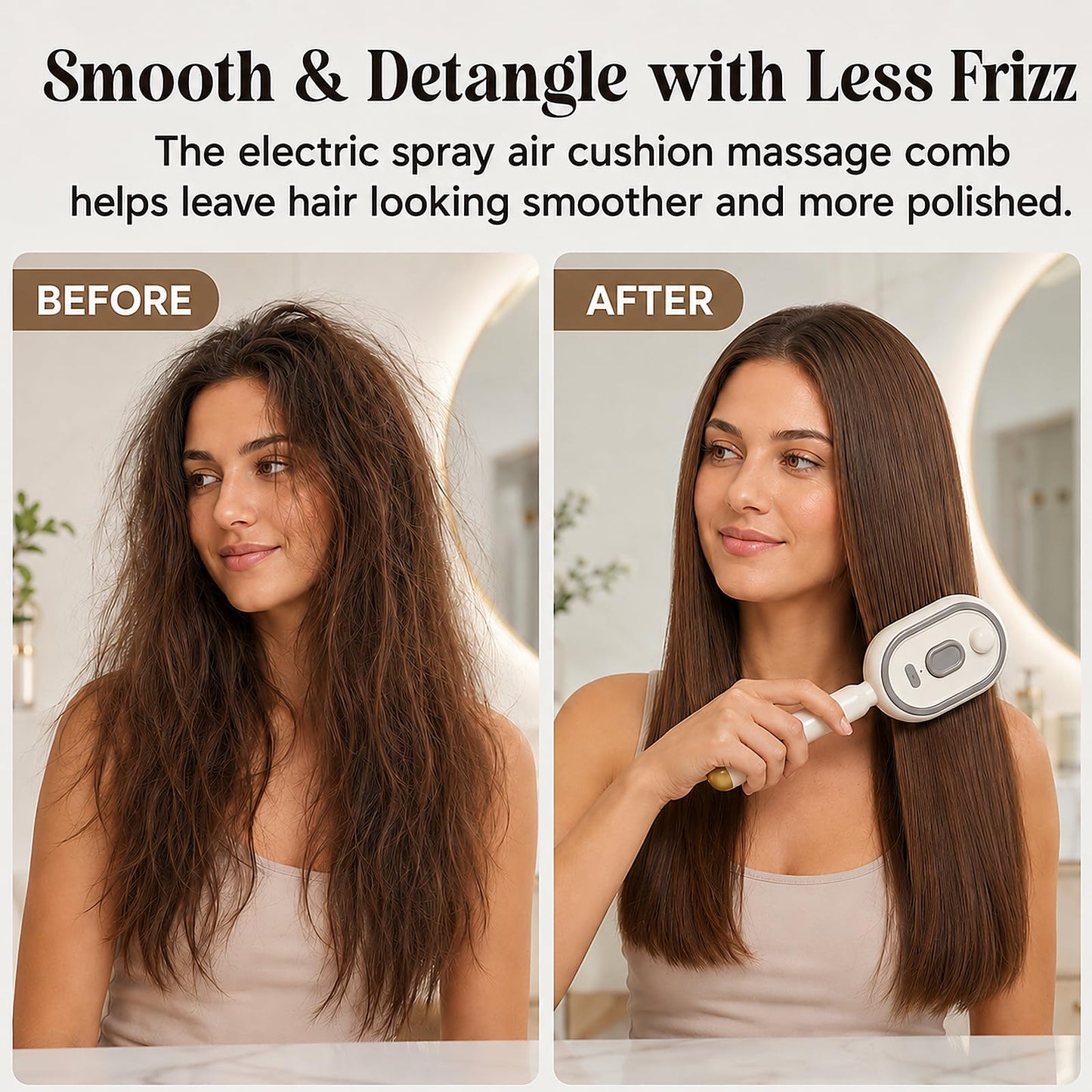 Electric Spray Air Cushion Massage Comb, Rechargeable Mist Hair Brush with Self-Cleaning Design, Detangling Brush for Frizzy Hair, Flyaways & Scalp Comfort(Beige)