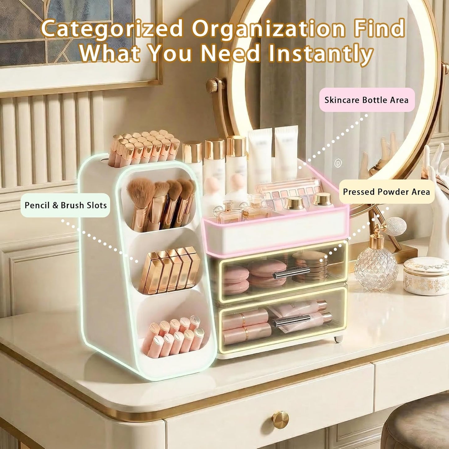 Large Capacity Makeup Organizer - Thickened Material Vanity Storage | White Countertop Holder for Brushes & Skincare