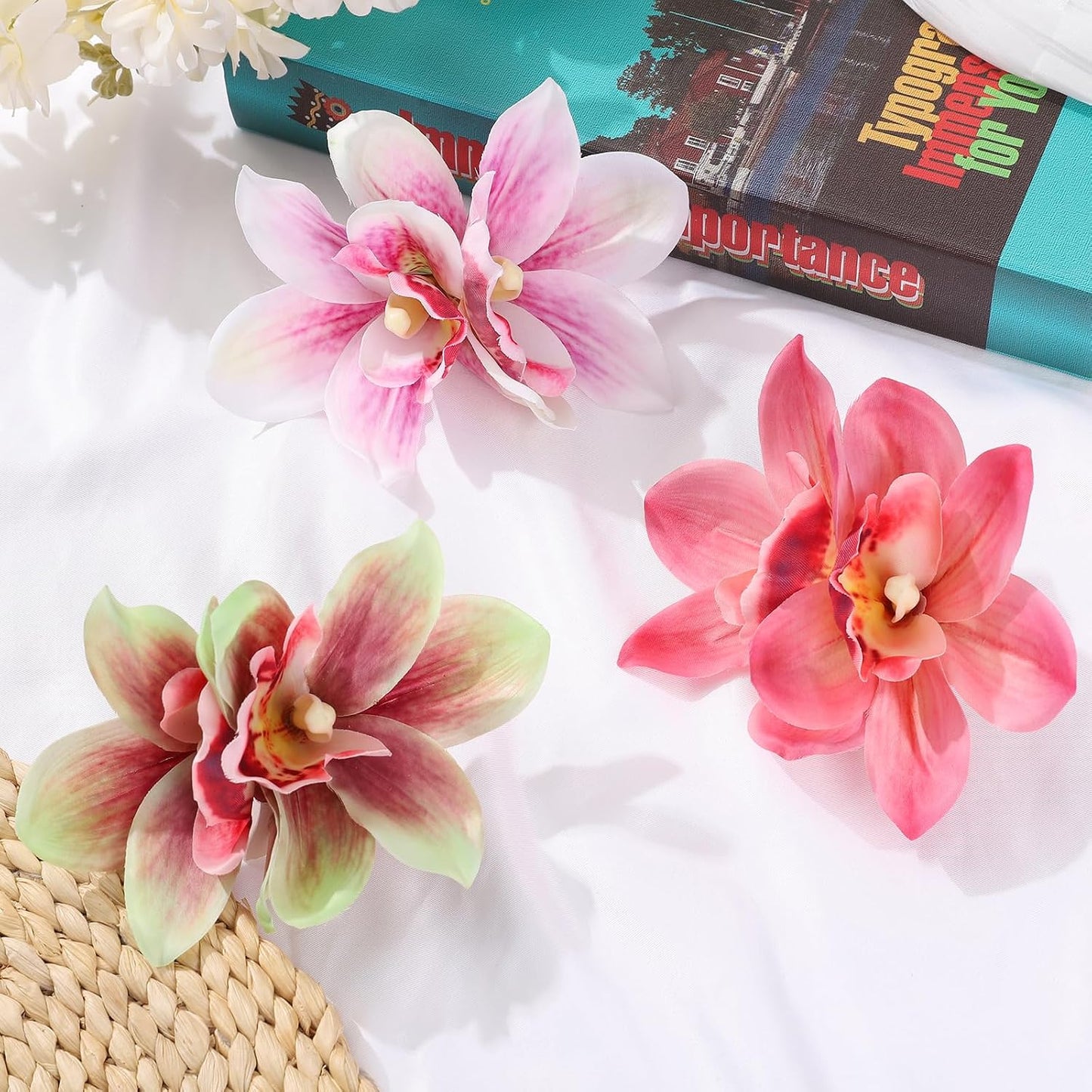 Hawaiian Flower Hair Clips - 3 PCS Artificial Orchid Barrettes for Weddings & Beach Parties | Pink, Rose, Green