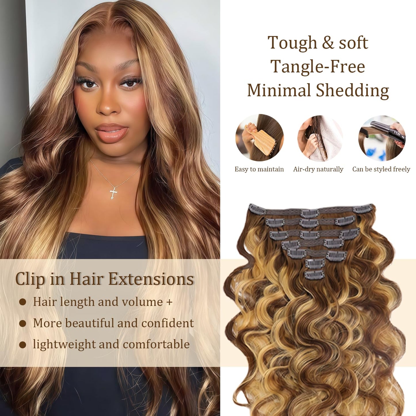P427 Blonde Clip in Hair Extensions Real Human Hair, 14 Inch 120g/7Pcs,Full Shine Remy Human Hair,Highlight Brown Body Wave Clip ins Brazilian Virgin Human Hair Extensions