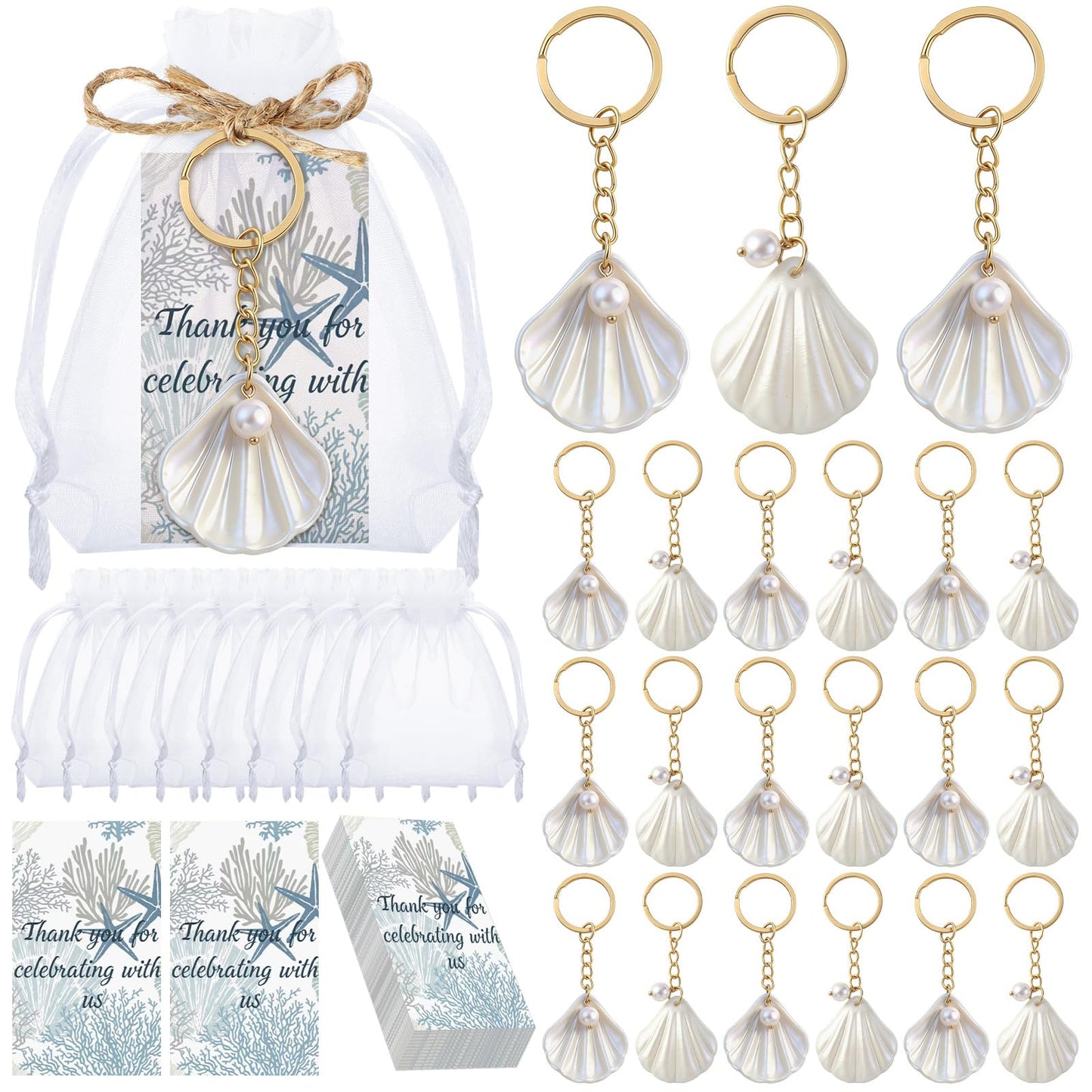 Equsion 24 Sets Seashell Keychain Beach Party Favor Last Toast on The Coast Party Bulk Gift Beach Shell Charm and Pearl Gift with Organza Bag for Nautical Wedding Baby Shower Bridal Shower (White)