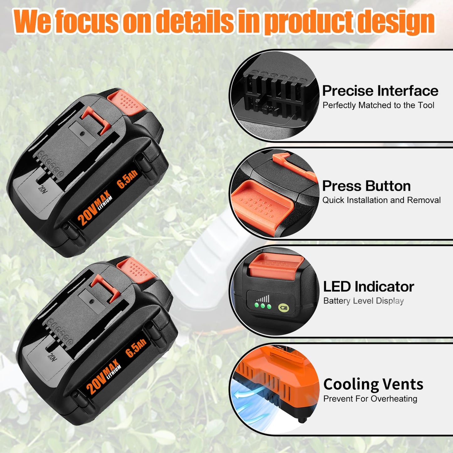 Powilling 2 Pack 6.5Ah Replacement for Worx 20V Battery and Dual Charger Compatible with Worx Battery 20V WA3674 WA3575 WA3525 WA3520 WG151s WG155s WG545s