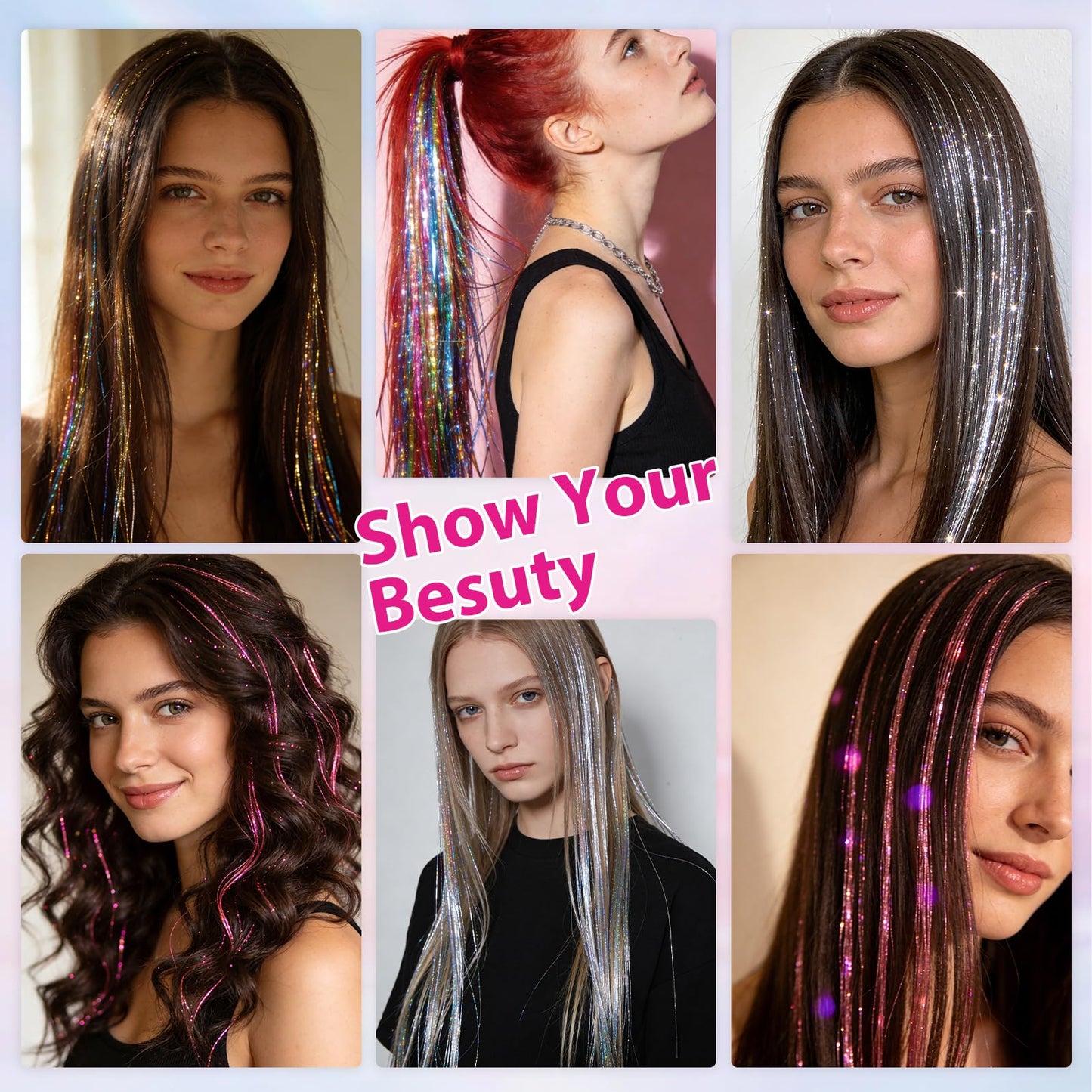 12 Pcs 20 Inch Clip in Hair Tinsel Kit, Silver Glitter Fairy Hair Extensions, Festival Party Hair Accessories for Women Girls Concert Cosplay Birthday
