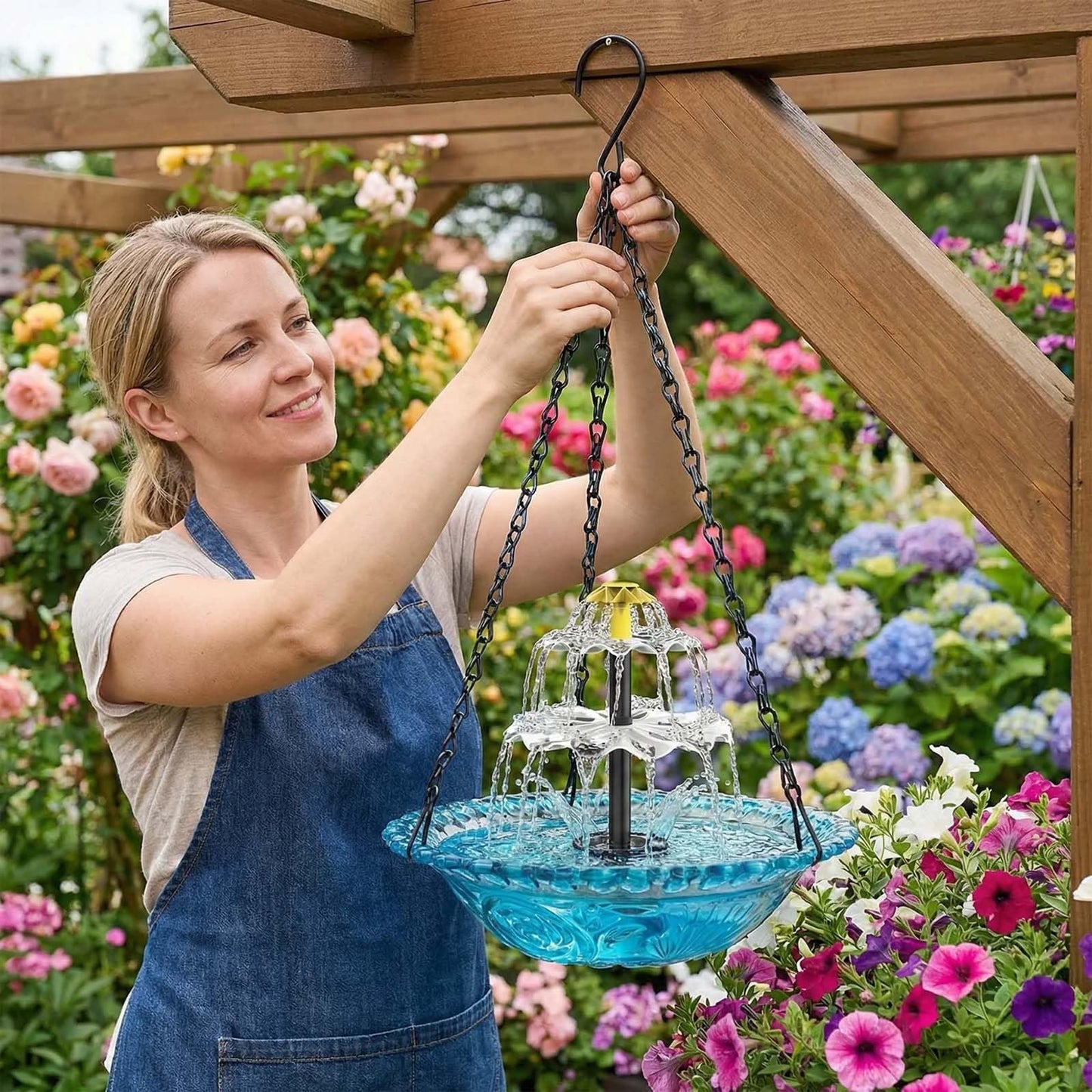 2026 Solar Cascade Hanging Bird Bath Fountain, Solar Powered Birdbath Water Fountain Pump Dispenser, Outdoor Decor Hummingbird Bath Shower Bowl Kit, Garden Gift for Yard Patio Decoration (Blue)