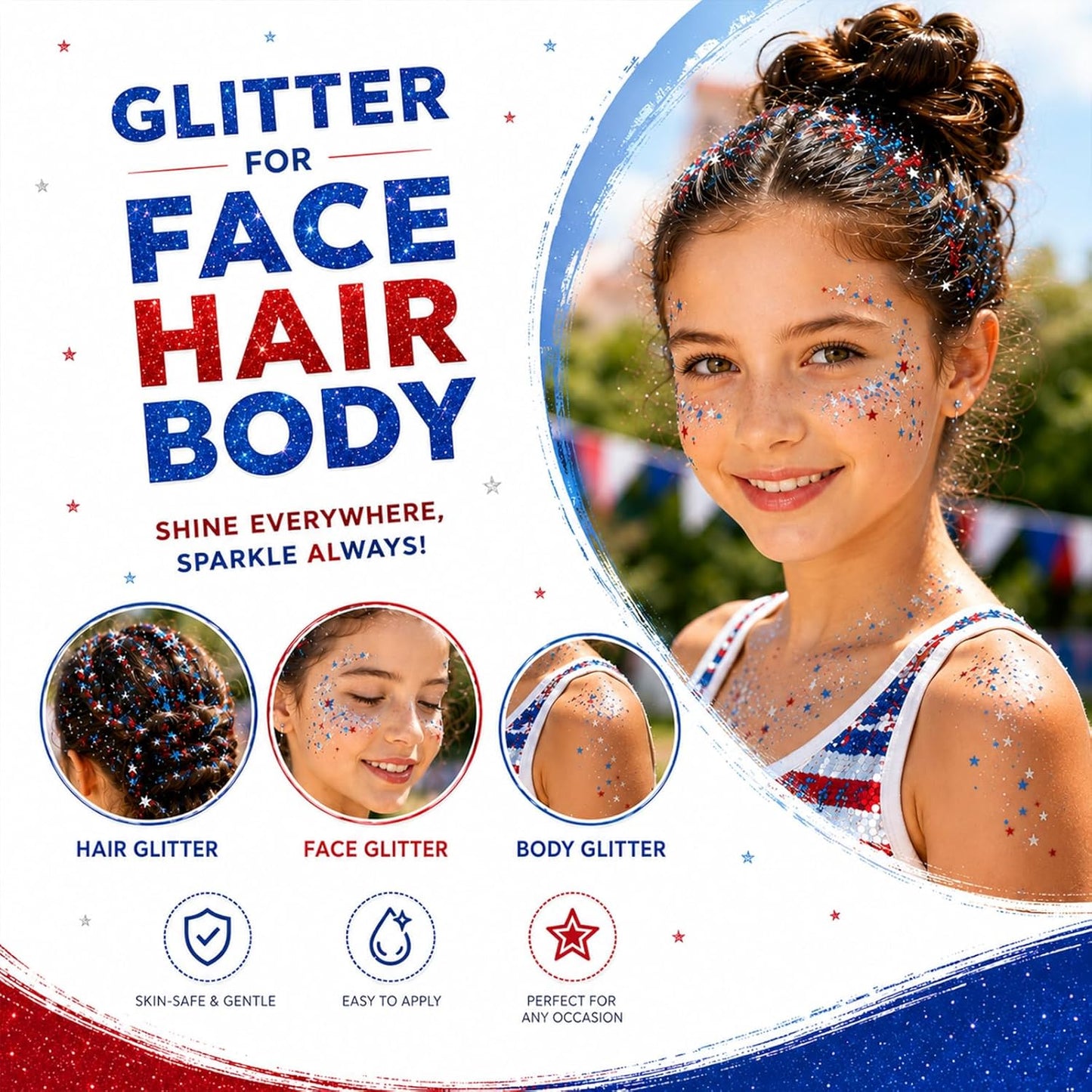 Patriotic Body Glitter Stick - Red, White & Blue Waterproof Glitter for 4th of July | Perfect for Hair & Face
