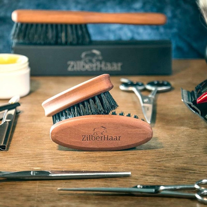 ZilberHaar - Pocket Mustache and Beard Brush - Soft Boar Bristles and Pearwood - Perfect Grooming Tool for Men - Relieves Itch, Works with all Beard Balms and Beard Oils - Made in Europe