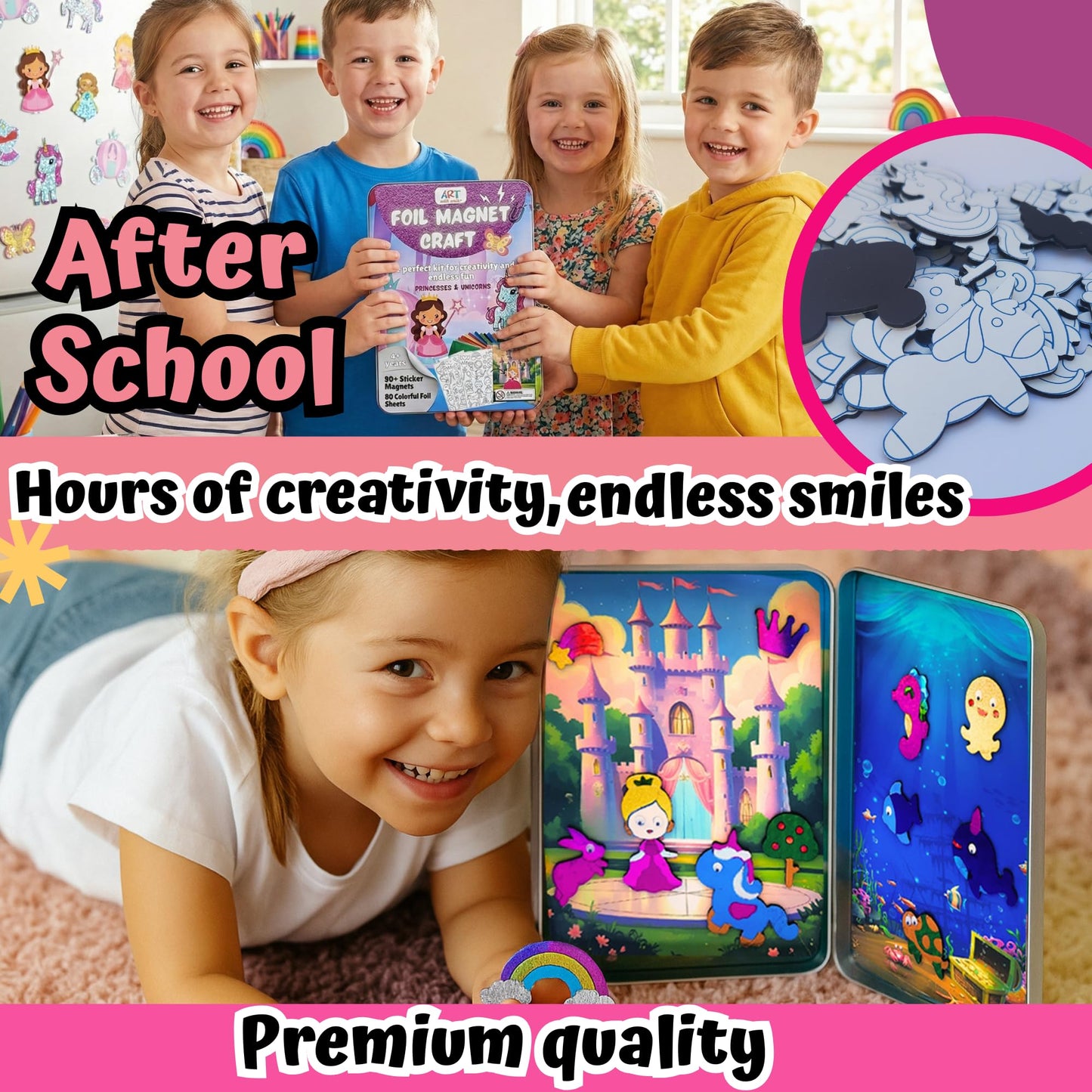 Magnetic Tin Box Foil Art Kit for Kids - Princess & Unicorn Foil Magnet Craft, Reusable Mess-Free Travel Toy, DIY Arts and Crafts for Girls & Boys Ages 4-8, 9-12