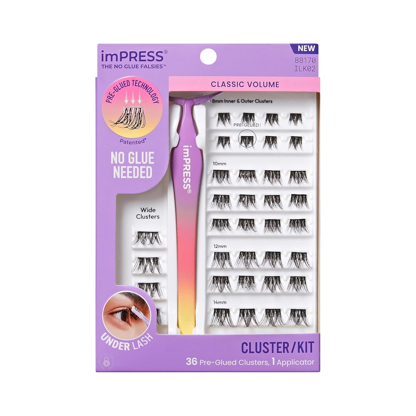Kiss Impress Falsies Self-Adhesive Eyelashes - Glam Volume Lashes, 12mm-14mm, Black, No Glue Needed, 36 Clusters