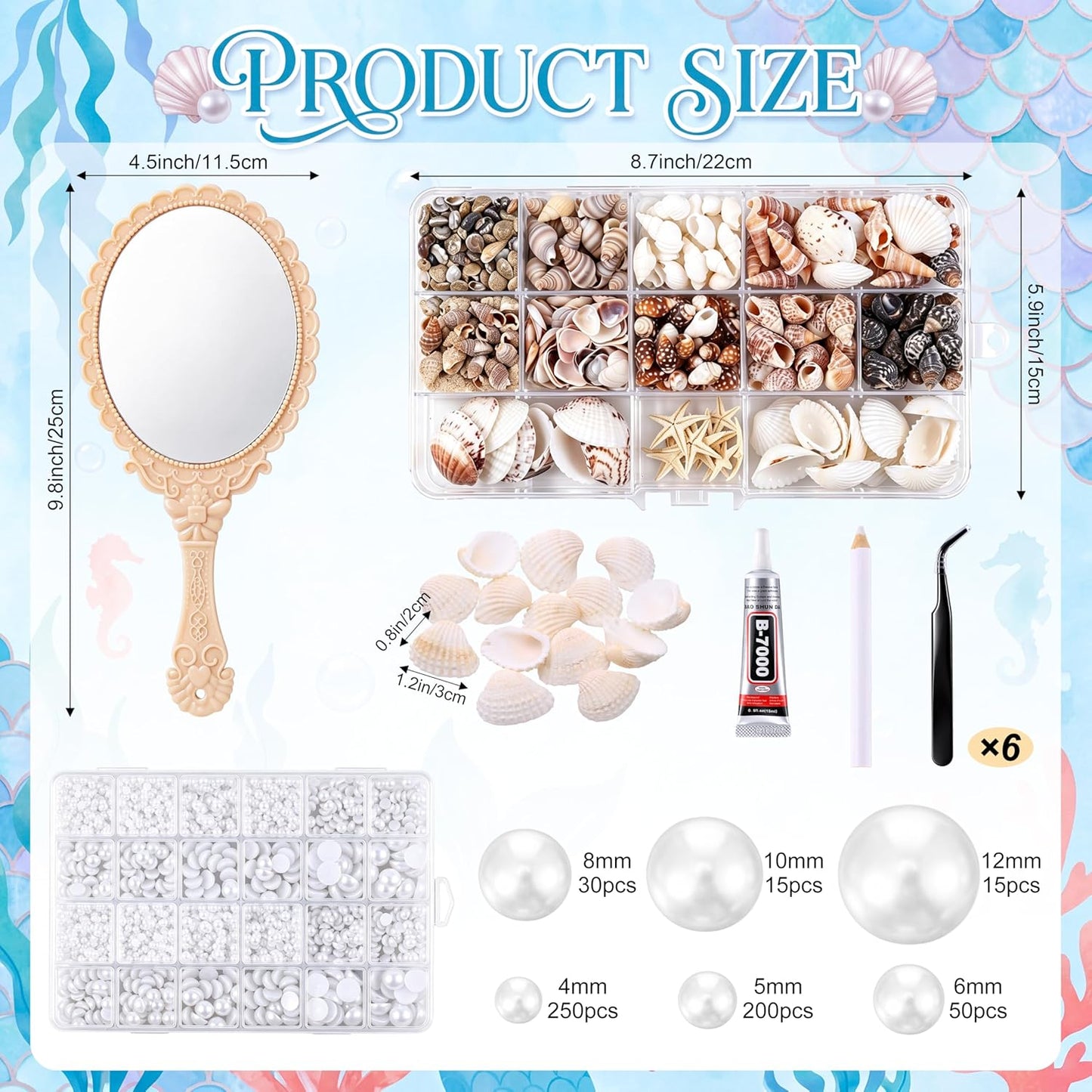 Mermaid Hand Mirror Crafts Kit - DIY Decor with Shells & Pearls | Perfect Party Favor for Weddings & Birthdays