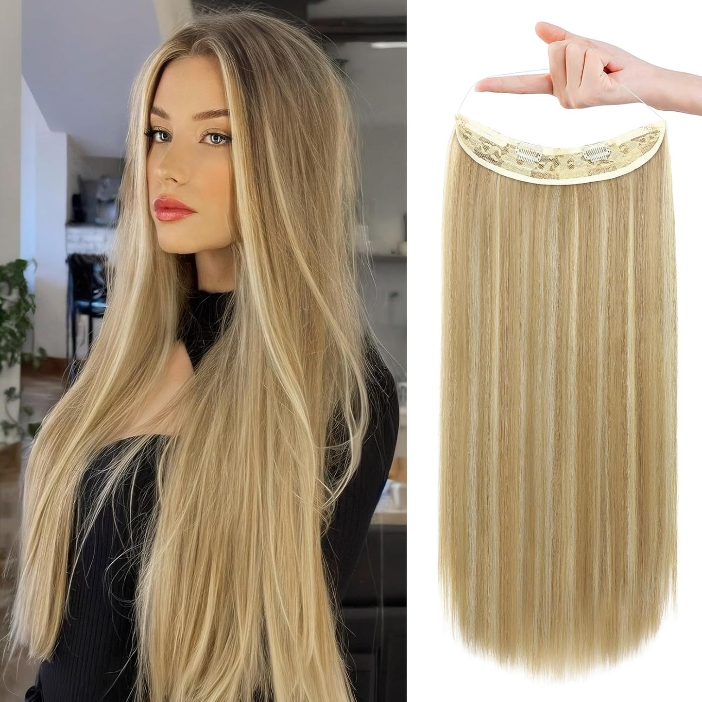 Invisible Wire Hair Extensions - Adjustable Transparent Headband | 24 Inch Dark Blonde Secret Hairpiece for Women