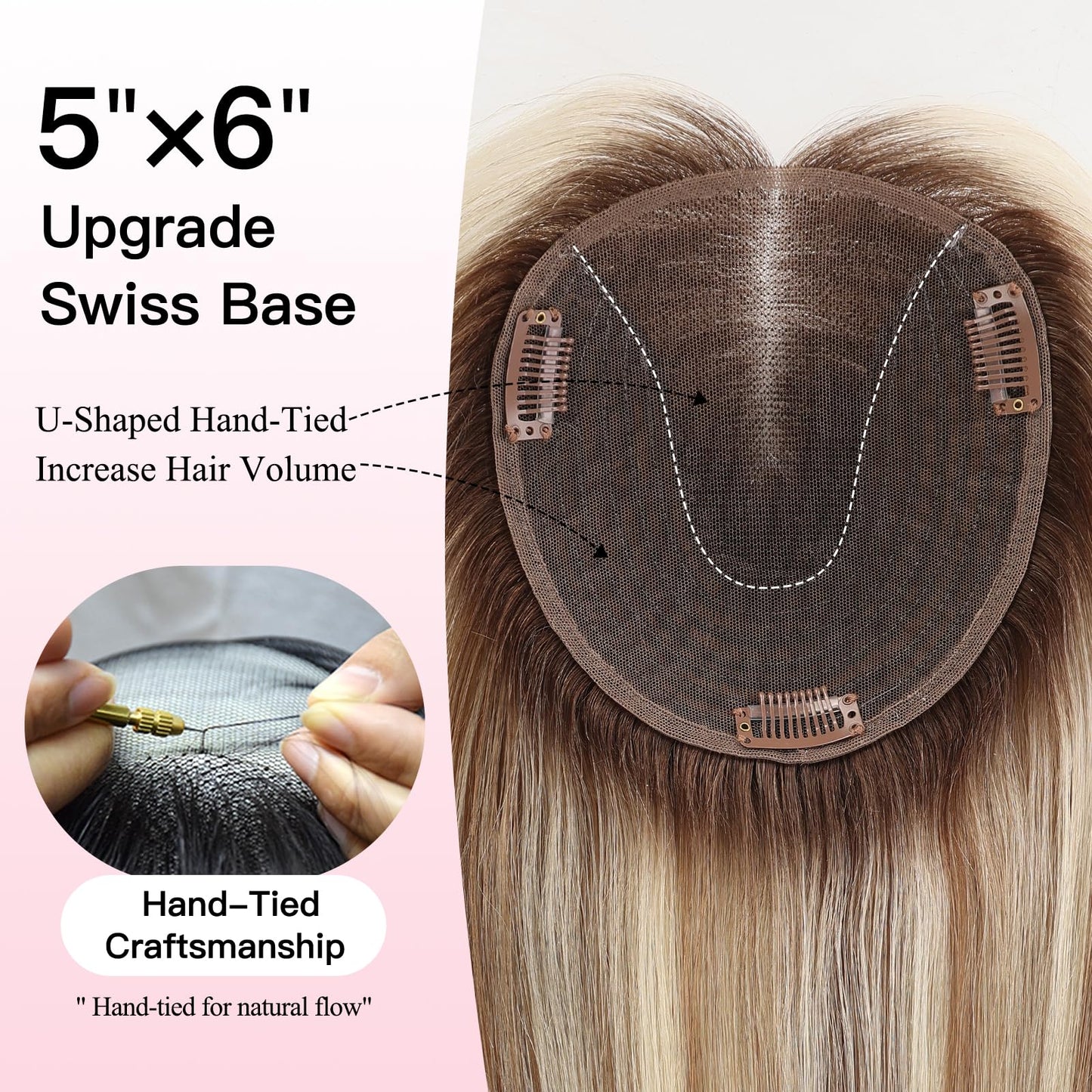 EMMOR 14 Inch Human Hair Topper for Women - 5" × 6" Upgrade Swiss Lace Base with 3 Non-Slip Clips, 100% Real Hair Toppers for Thinning Hair & Natural Looking-Straight Bang(#005)