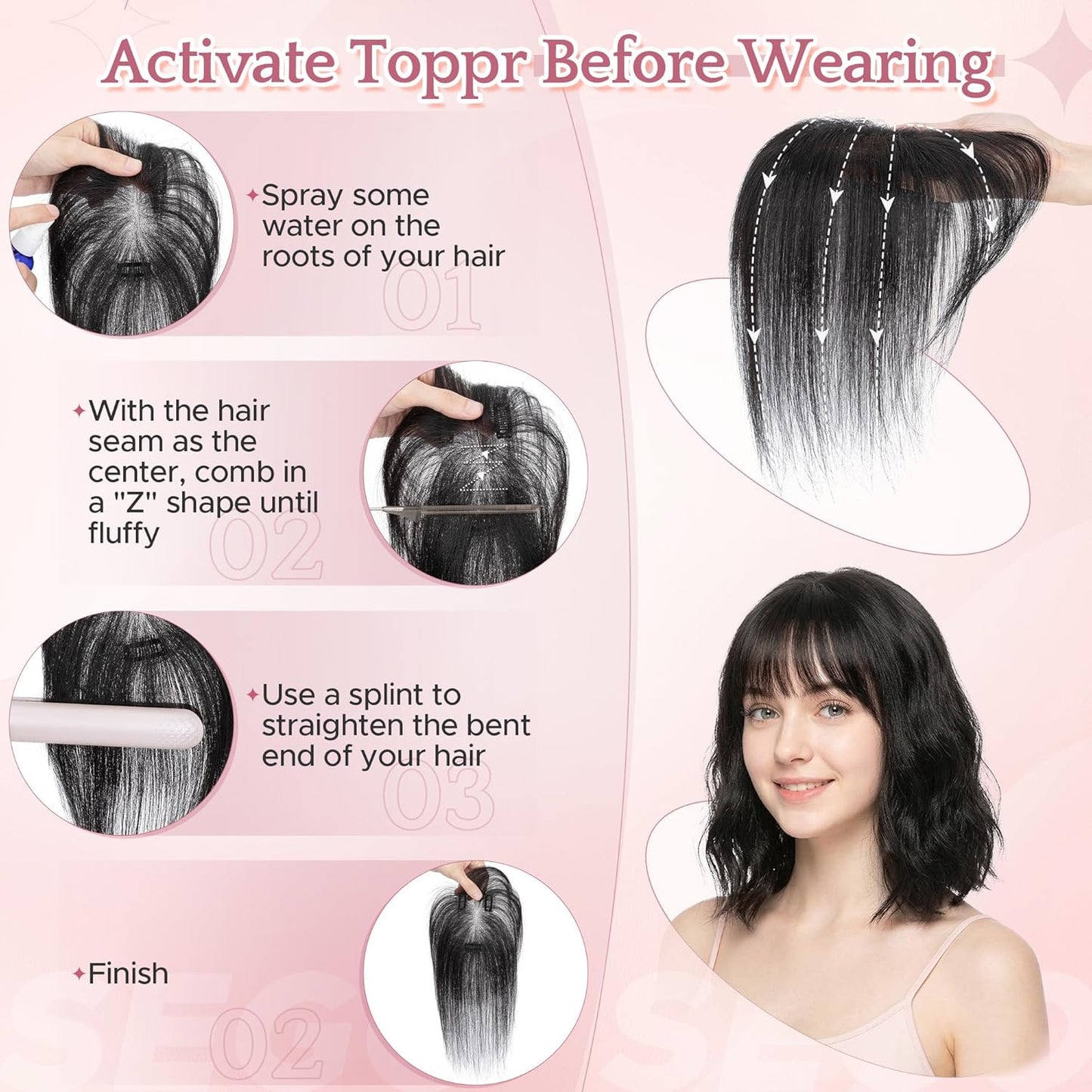 Real Human Hair Toppers for Women - Hand-Tied Clip-In Hairpieces with Side Bangs | 11-Inch Dark Brown