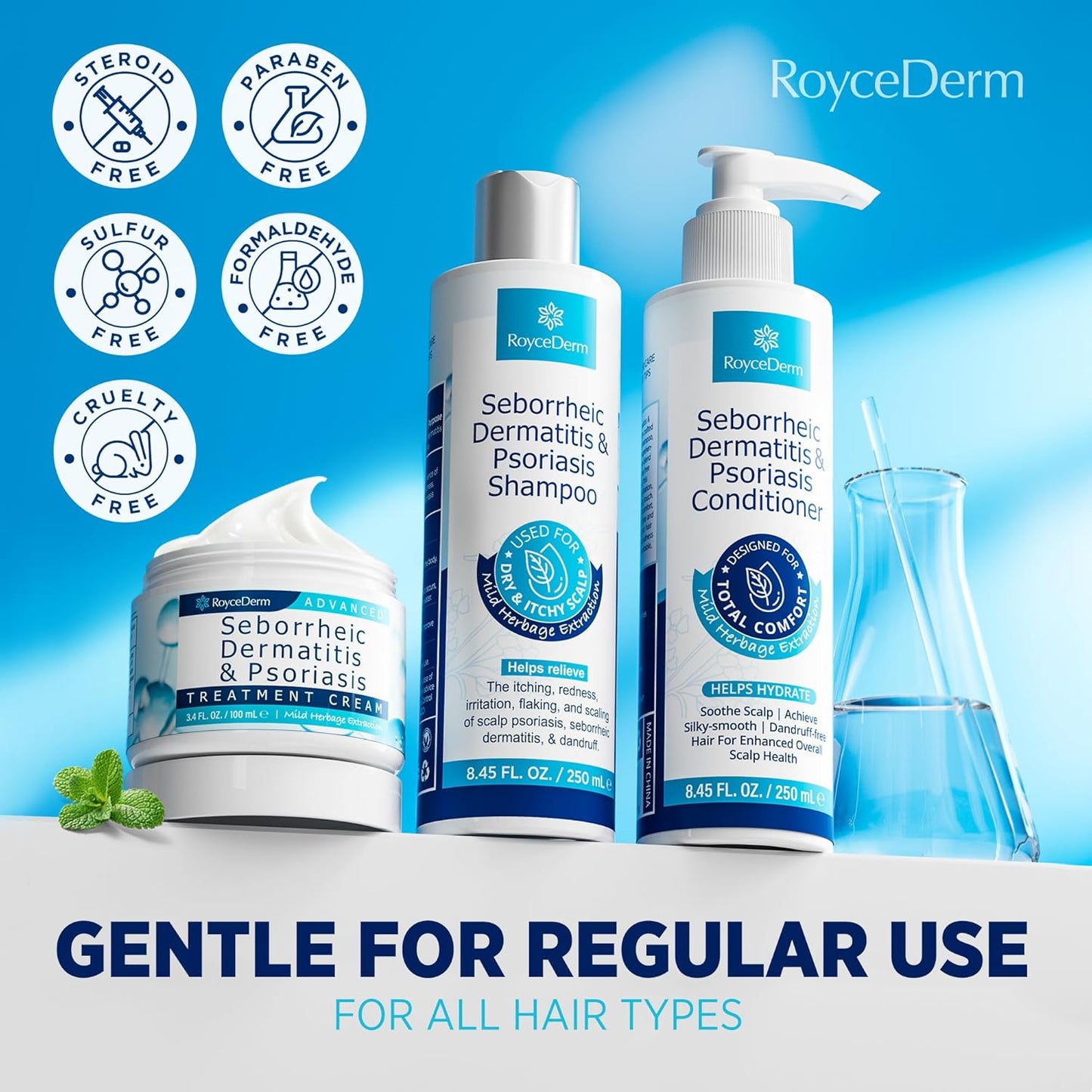 Seborrheic Dermatitis & Psoriasis Treatment Set - Scalp Therapy Cream, Shampoo & Conditioner for Itching, Flaking Relief | 3-Piece System