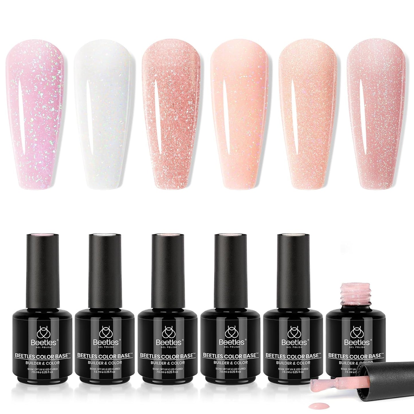 Beetles Base Color Gel Nail Polish Set - 6 Nude Shades | 5-in-1 Builder Rubber Base Coat for Strengthening Natural Nails