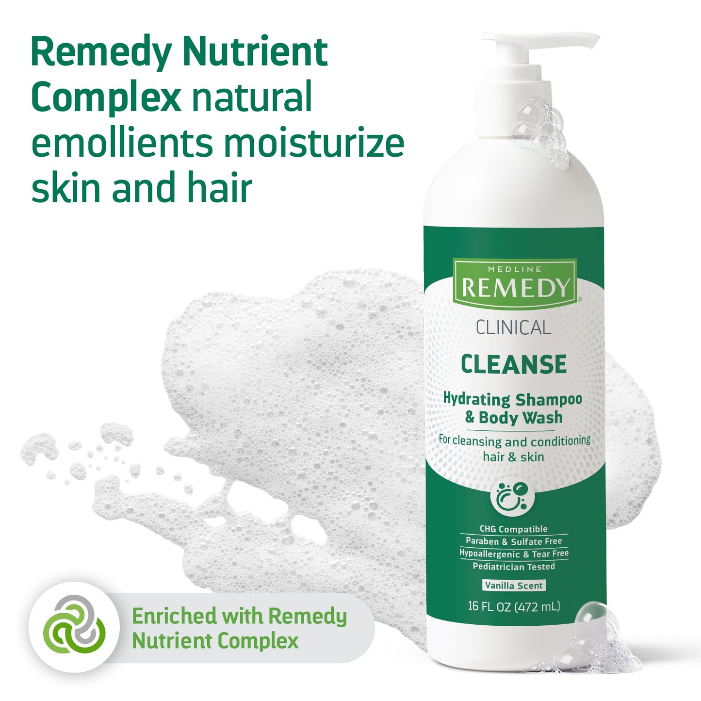 Medline Remedy Clinical Hydrating Shampoo & Body Wash (16 fl oz), Vanilla Scent, Cleanser, No-Rinse, Adults, Kids, Shower Or Bedside, Dimethicone, Sulfate Free