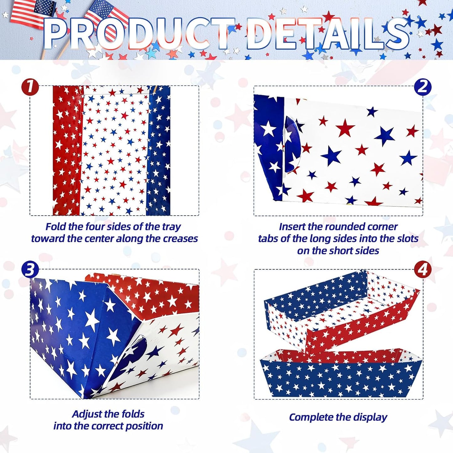 Disposable Paper Serving Trays - 30 Pack Red, White & Blue Star Design for Popcorn, Snacks | Perfect for 4th of July, BBQs & Picnics