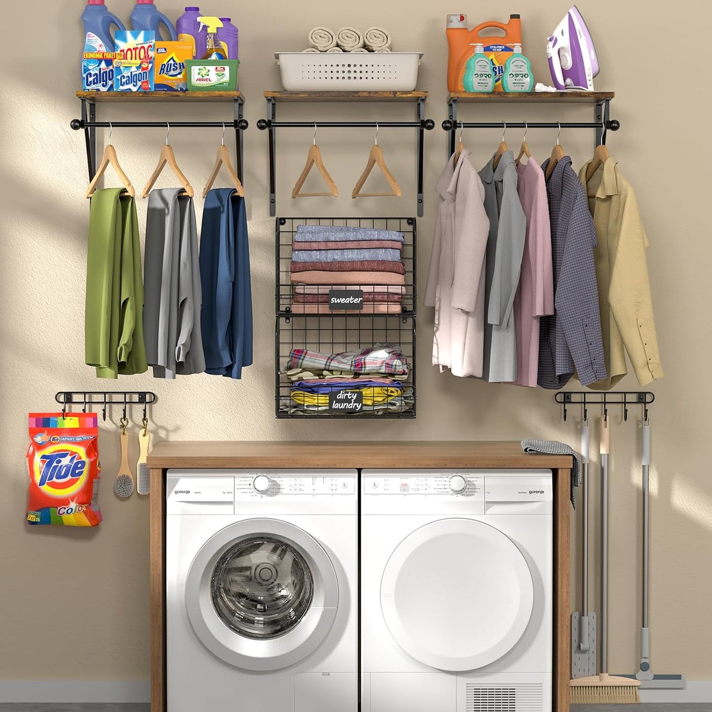 Wall Mounted Laundry Room Shelves - Over Washer & Dryer Shelf with Wire Baskets & Drying Rack | Black Wood & Metal