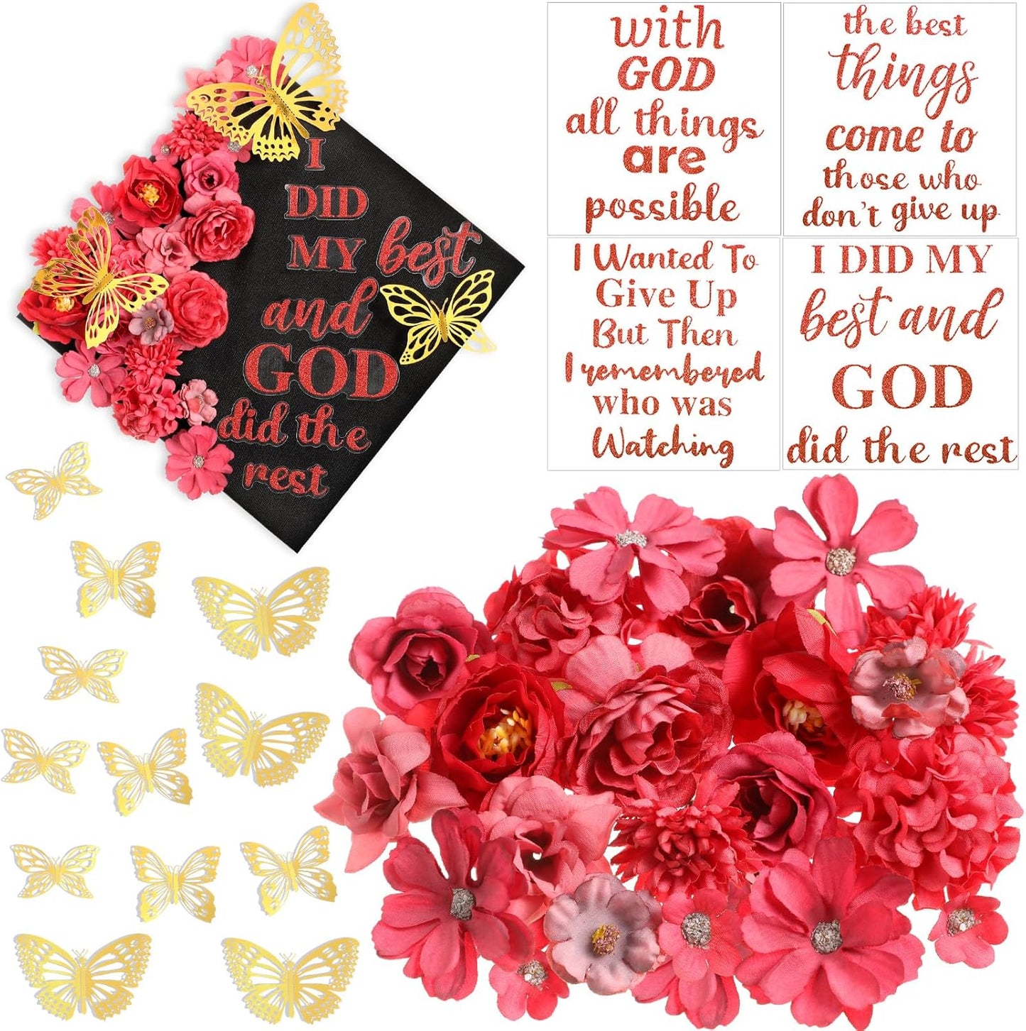 Graduation Cap Decoration Kit - 36 Pcs with Faux Flowers, Glitter Stickers & 3D Butterflies | Blue Inspirational Themes