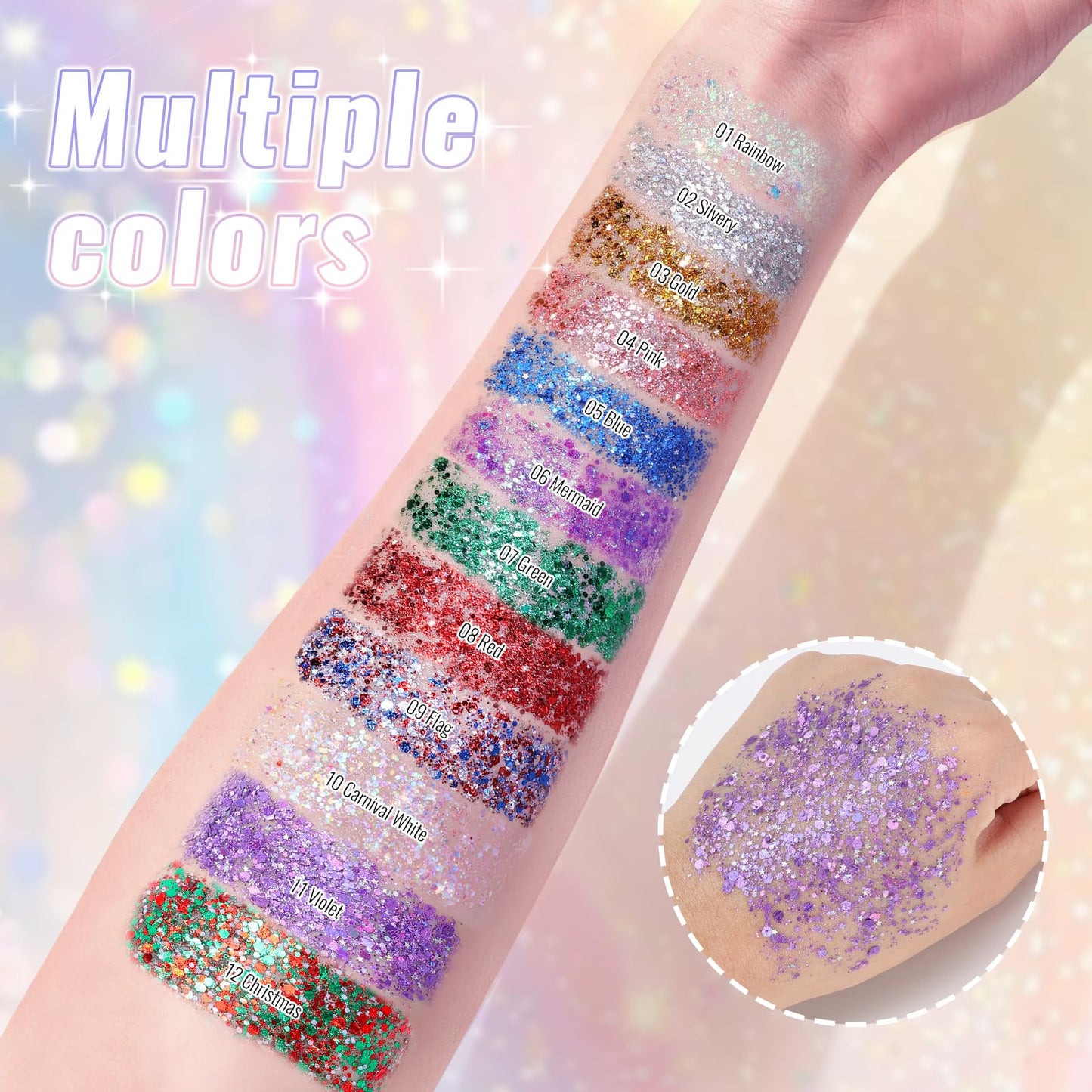 CAHOTO Violet Face Body & Hair Glitter Stick for Singer Concerts Outfit, Purple Shimmer Stick Gel for Women, Sparkling Holographic Chunky Sequins for Halloween Rave Festival Carnival Mermaid, 0.56oz