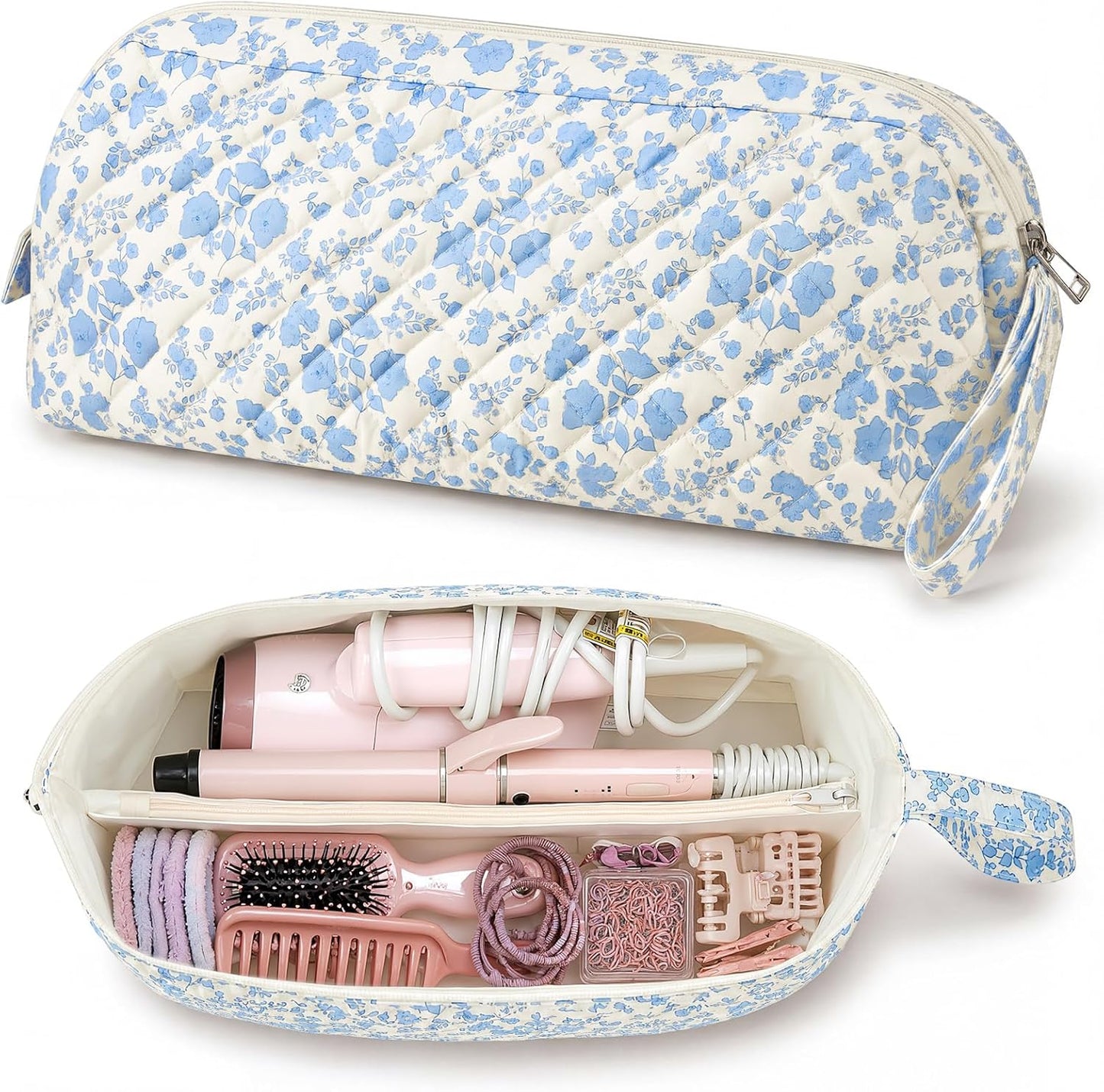 Hair Tools Travel Bag - Large Pink Striped Quilted Organizer for Hair Dryer & Styling Tools | Perfect for Travel