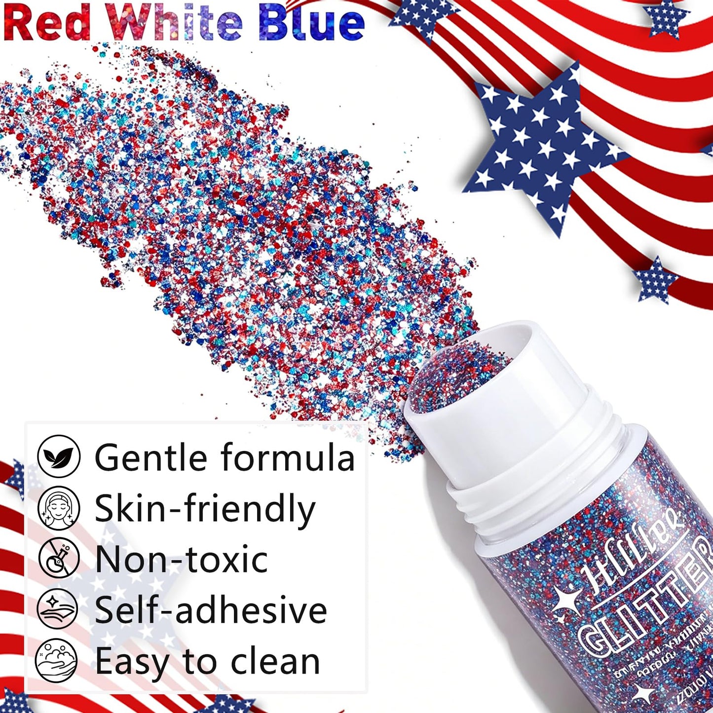 Red White and Blue Body Glitter Gel,4th of July Accessories Roll-on Face Glitter,Sparkling Face Hair Glitter for 4th of July Outfits Women Kids,Patriotic Glitters President's Day Rave Festival Makeup