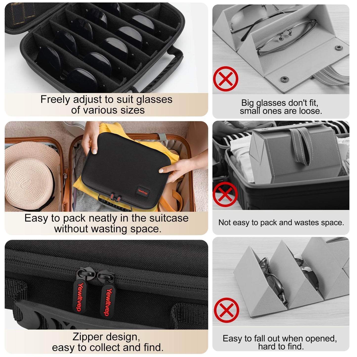 Travel Sunglasses Organizer Case Glasses Case Multiple Pairs Sunglass Eyeglasses Storage Portable Glasses Storage Box with Adjustable Slot Hard EVA Shell Sunglass Holder Organizer for Men Women