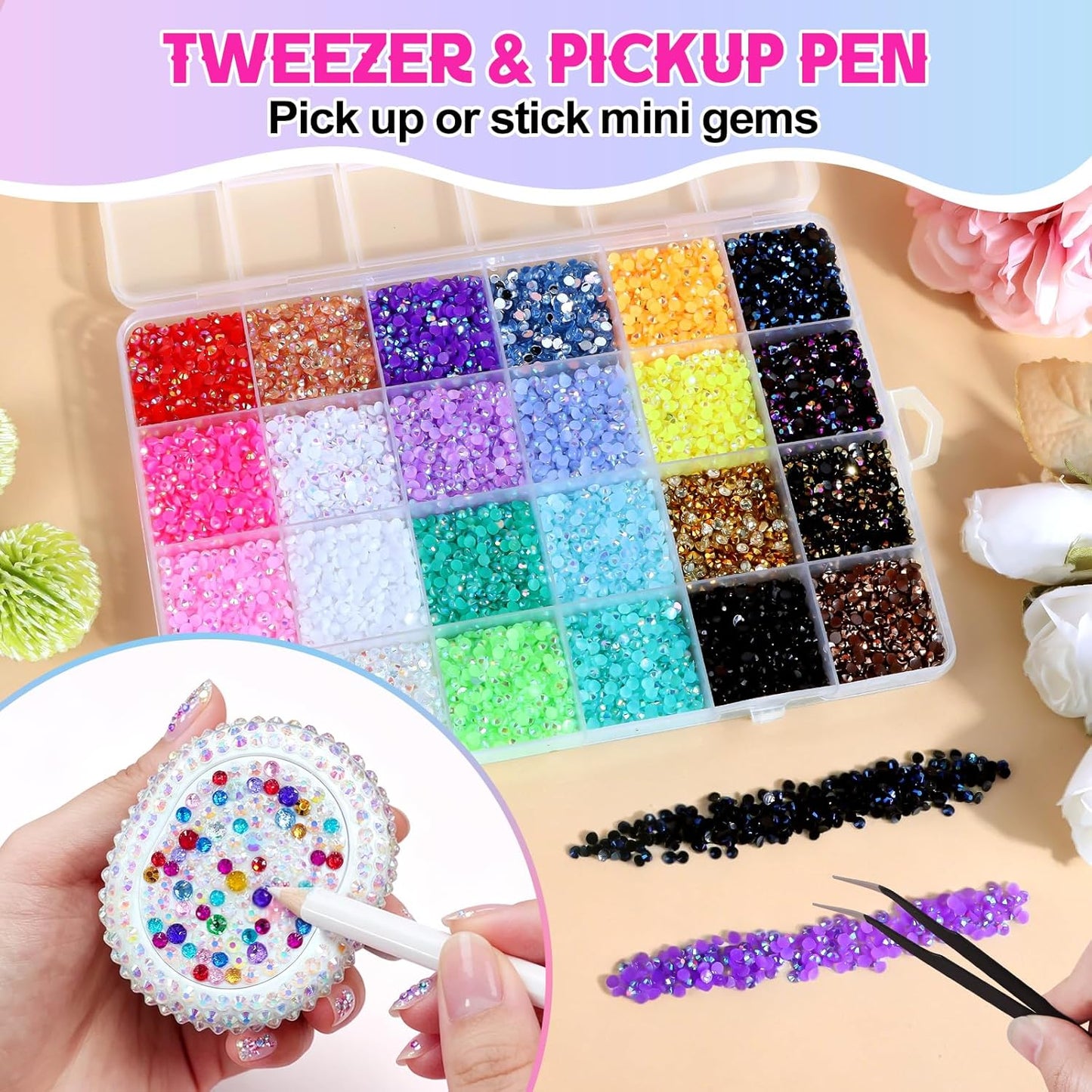 Resin Jelly Rhinestones - 48,000 Pcs 3mm Flatback Gems for DIY Crafting | 48 Colors with Glue, Tweezers & Pick-Up Pen