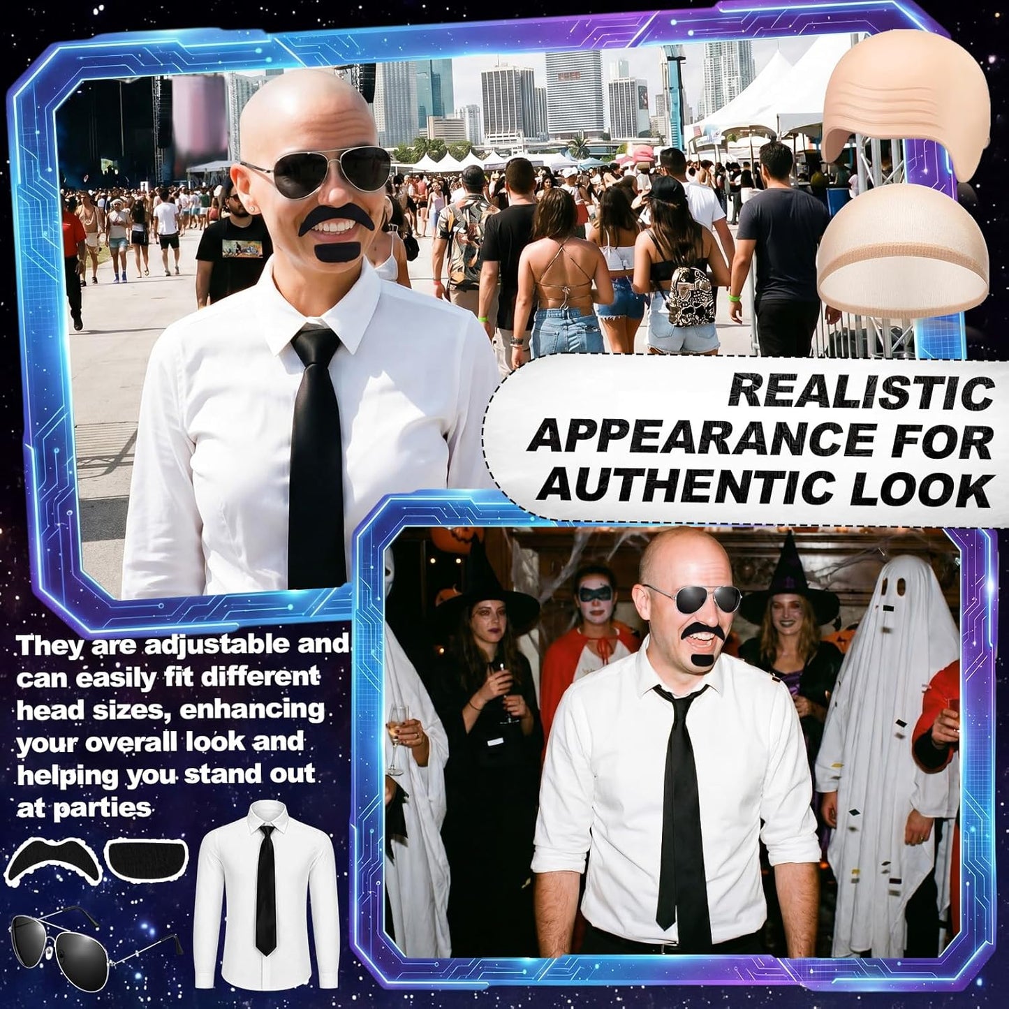 Bald Caps Set - 9 Pcs Costume Accessories for Men & Women | Includes White T-Shirt, Sunglasses, Tie & Mustache