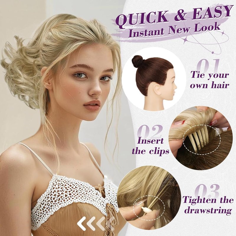 Short Blonde Wavy Drawstring Ponytail - 10 Inch Synthetic Clip-In Hair Extensions | Light Ash Blonde with Highlights