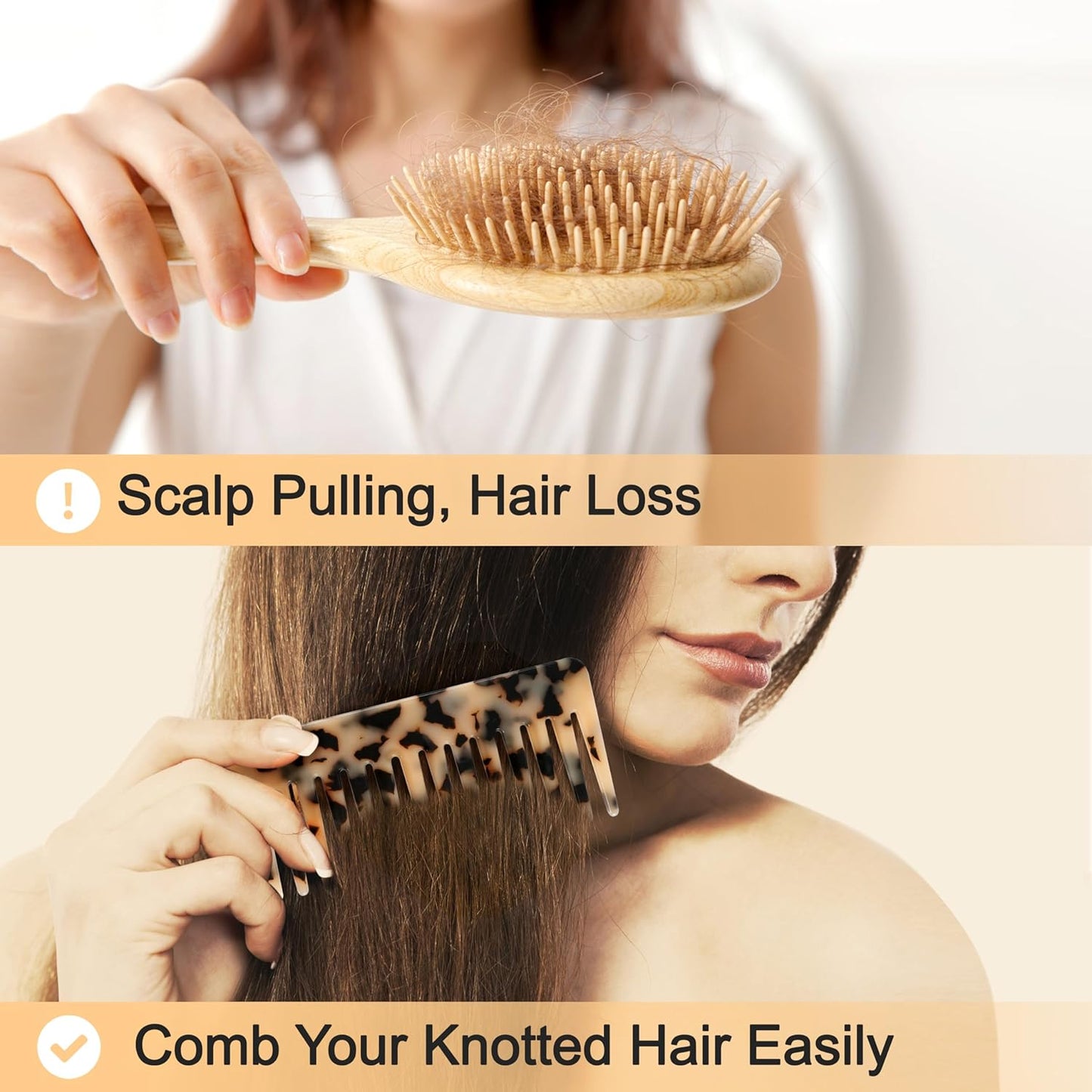 Hair Detangling Comb - 2 Pack Wide Tooth Cellulose Acetate for Thick Curly Hair | Tortoise Shell & Ivory