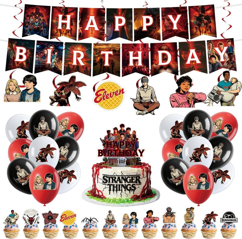 Stranger Things Party Supplies Set - 50pcs Birthday Decorations with Banner, Balloons, Swirls & Cupcake Toppers | Kids Theme Party