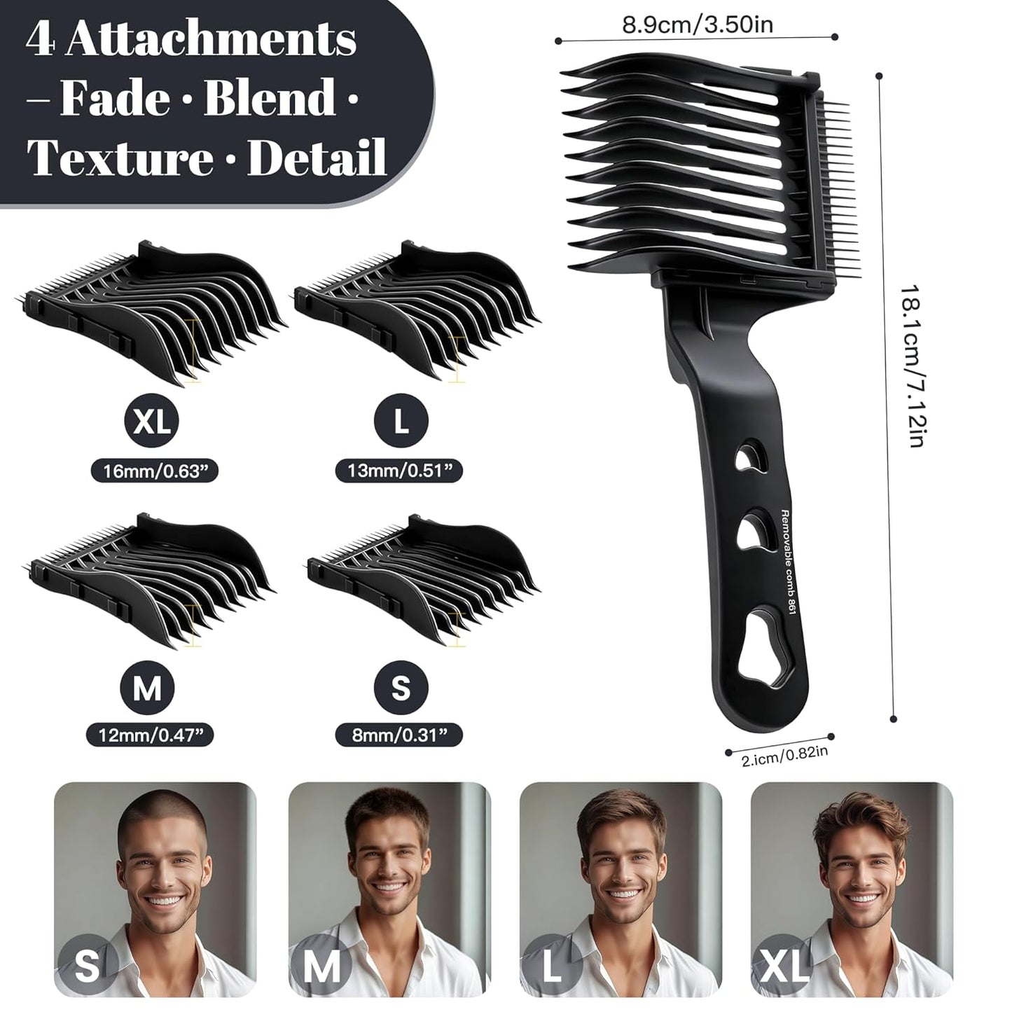 Detachable Blend Friend Fade Comb Set - 4-in-1 Pro Hair Cutting Tools for Men | Compatible with All Hair Clippers (Black)