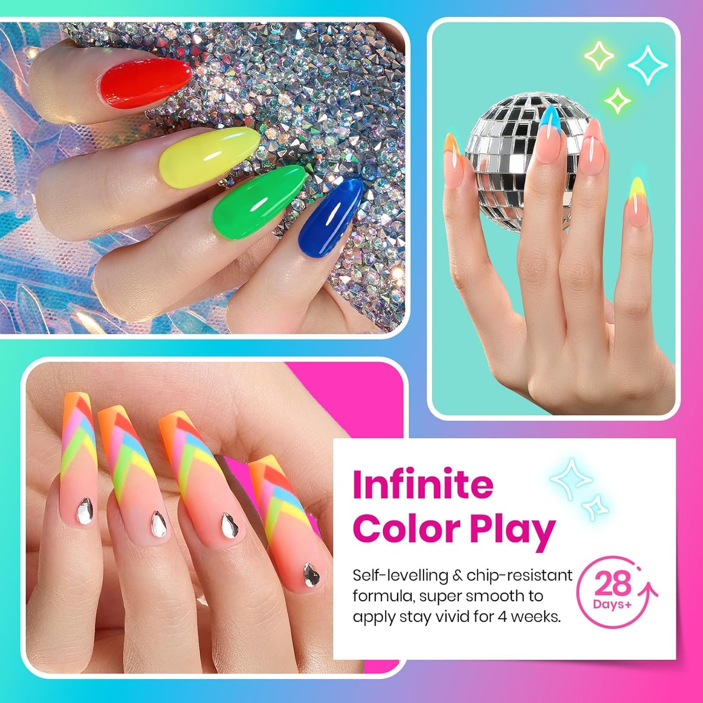 Beetles Neon Gel Nail Polish Set - 20 Vibrant Summer Colors | Includes Base & Top Coat, Soak Off UV Manicure Gift for Women