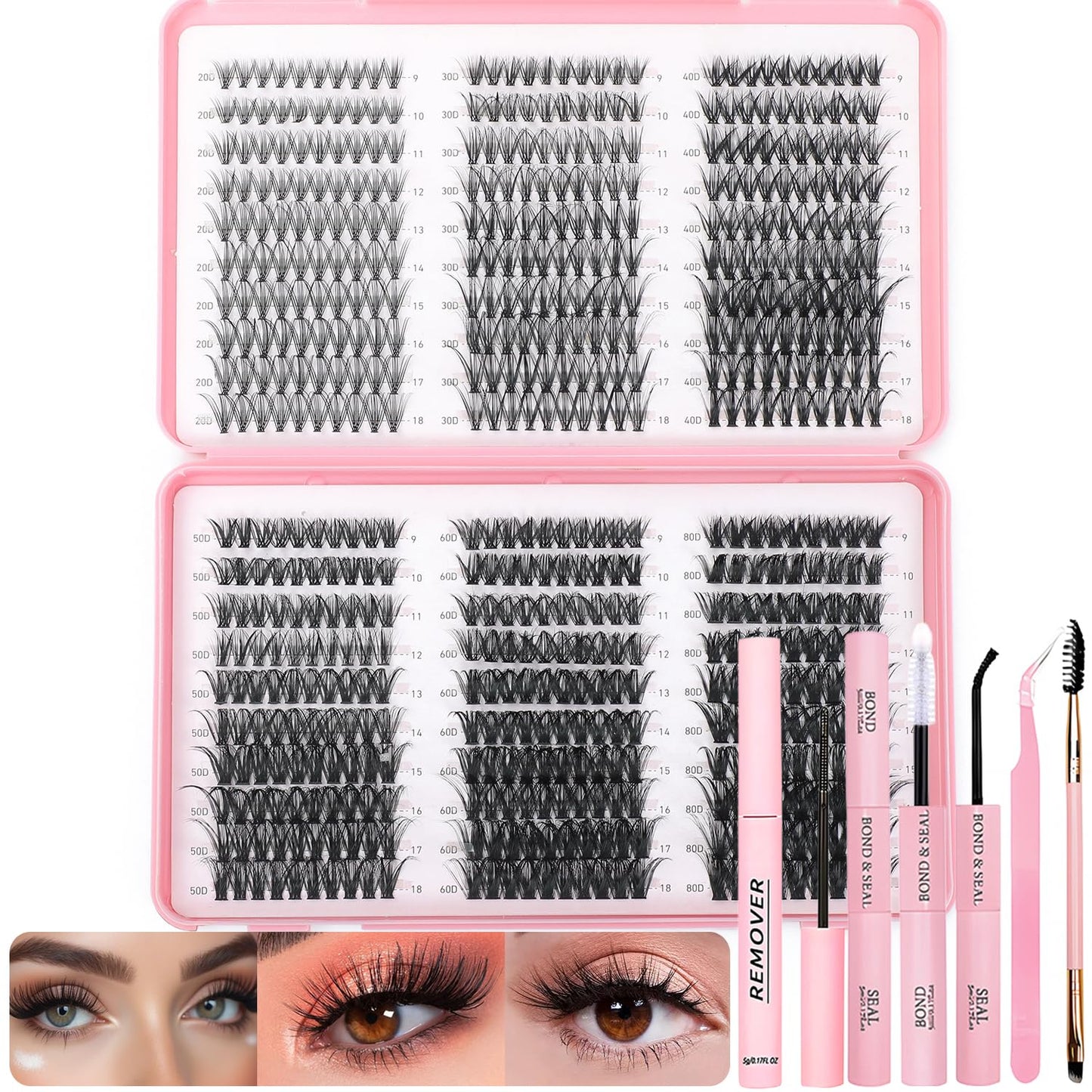 Lash Clusters Kit - 640 Pcs Fluffy Wispy Individual Eyelashes 9-16mm D Curl | Thin Band with Tweezers & Bond Seal